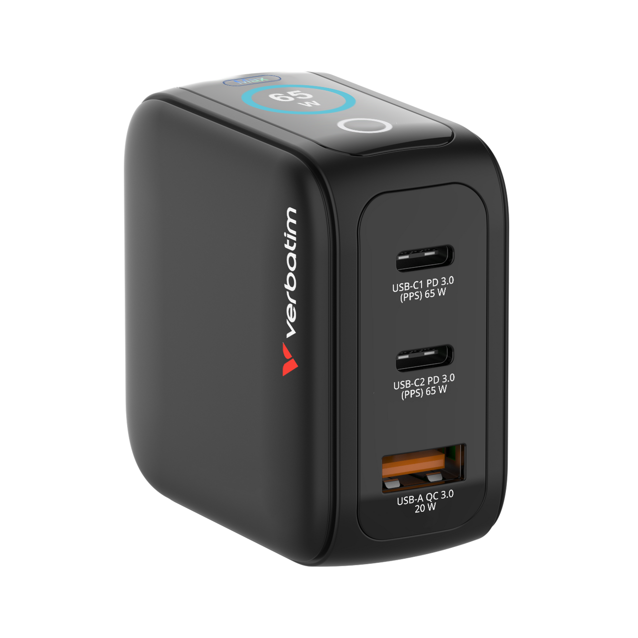 Fekete töltő 2 USB-C és 1 USB-A porttal. Verbatim logó.