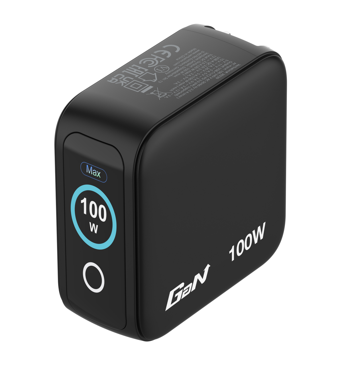 Fekete 100W-os GaN töltő digitális kijelzővel, amely 100W-ot mutat.