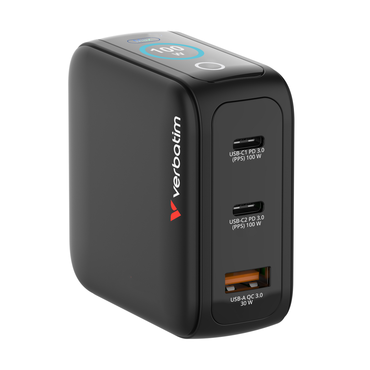 Fekete USB töltő Verbatim logóval és három porttal.