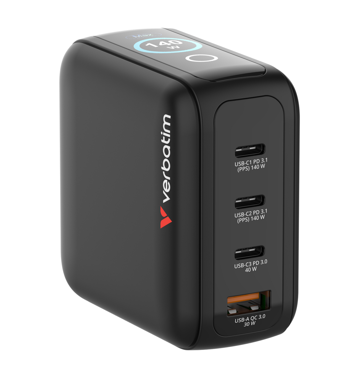Fekete töltő 3 USB-C és 1 USB-A porttal. 140W-ot mutat.
