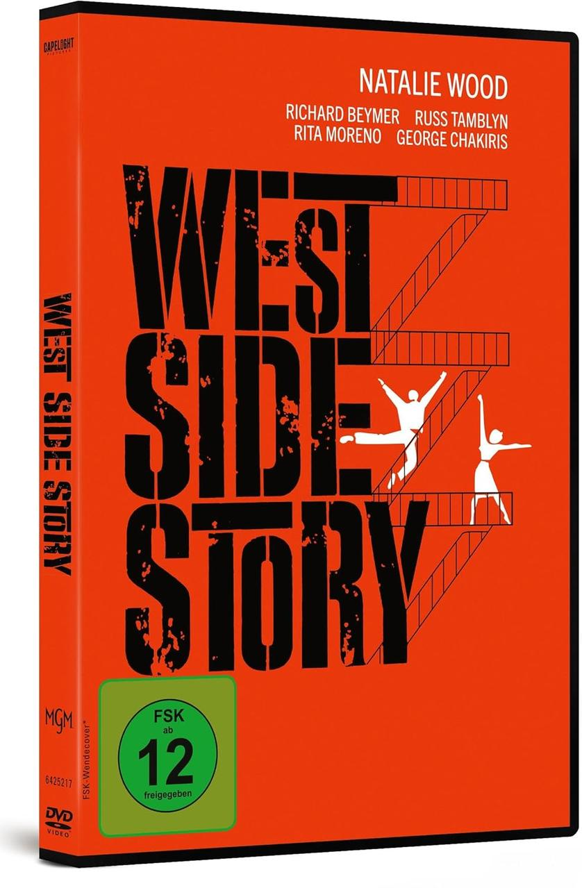 DVD-Hülle von West Side Story mit schwarzer Schrift auf orangefarbenem Hintergrund.