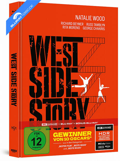West Side Story Blu-ray Hülle mit orangefarbenem Hintergrund und Filmtitel.