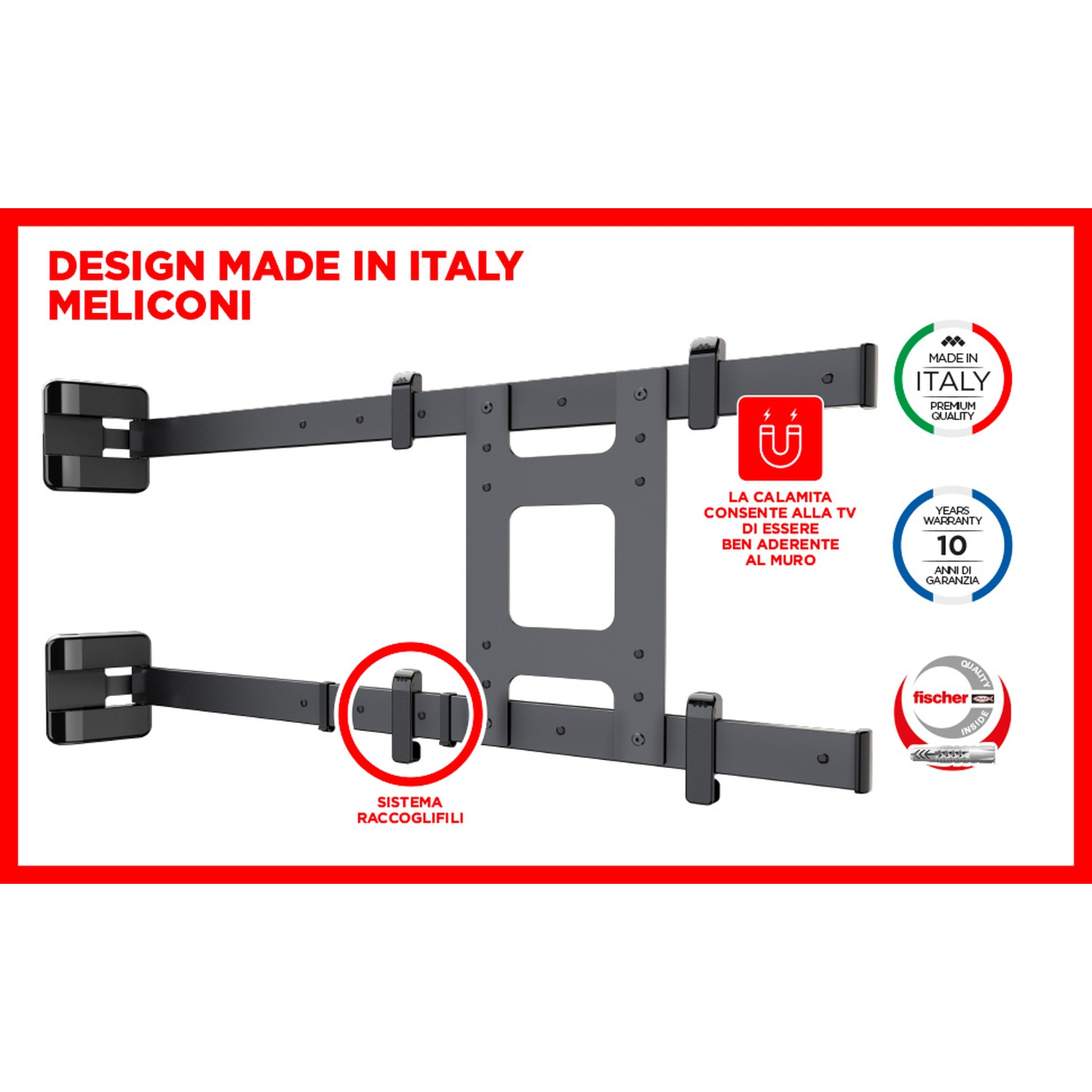 Supporto TV da parete nero con magnete e gestione cavi. Made in Italy.