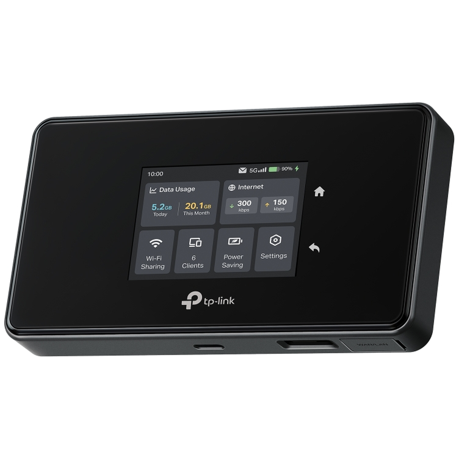 Black TP-Link mobile WiFi router with touchscreen display showing data usage.