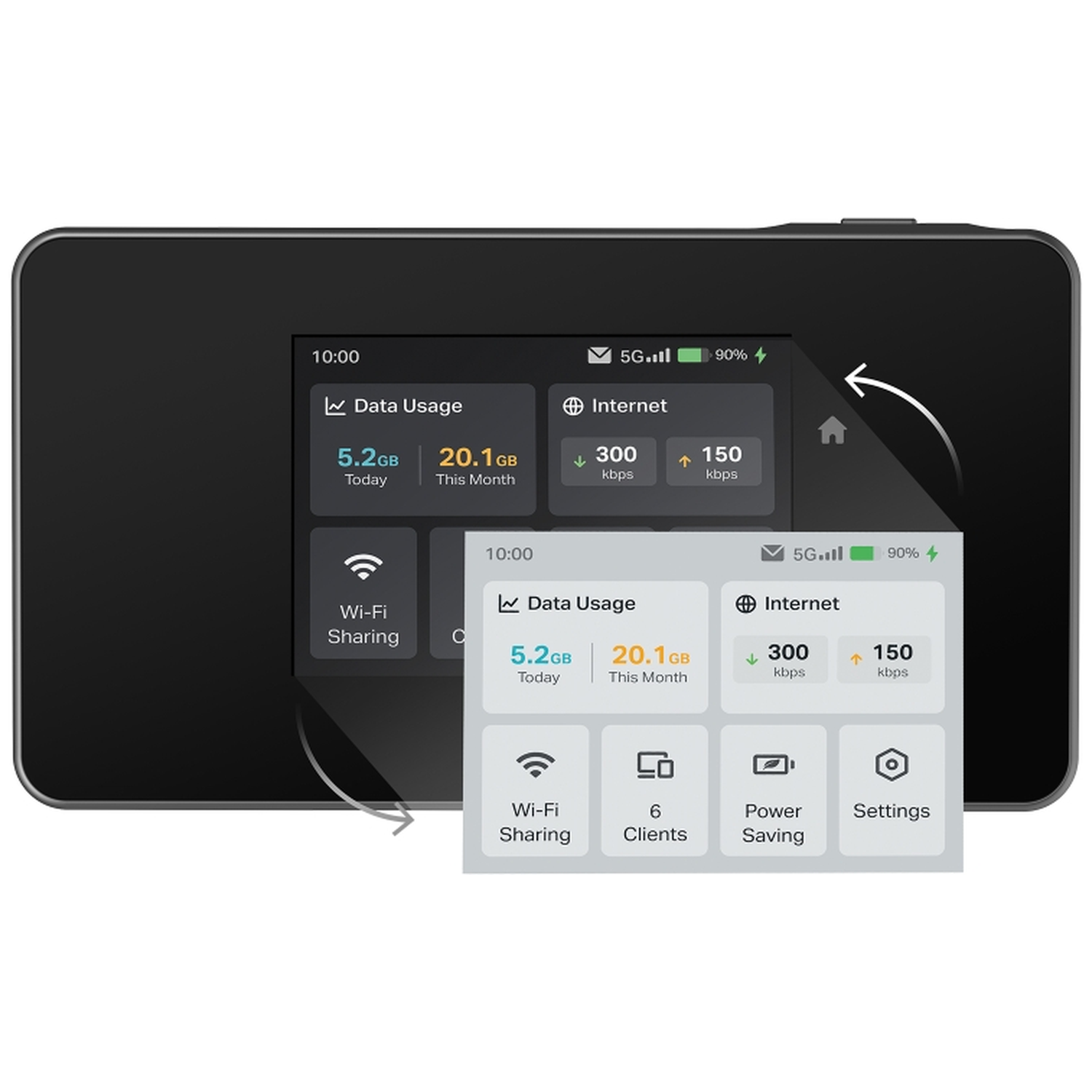 A black mobile device displays data usage and internet speed.
