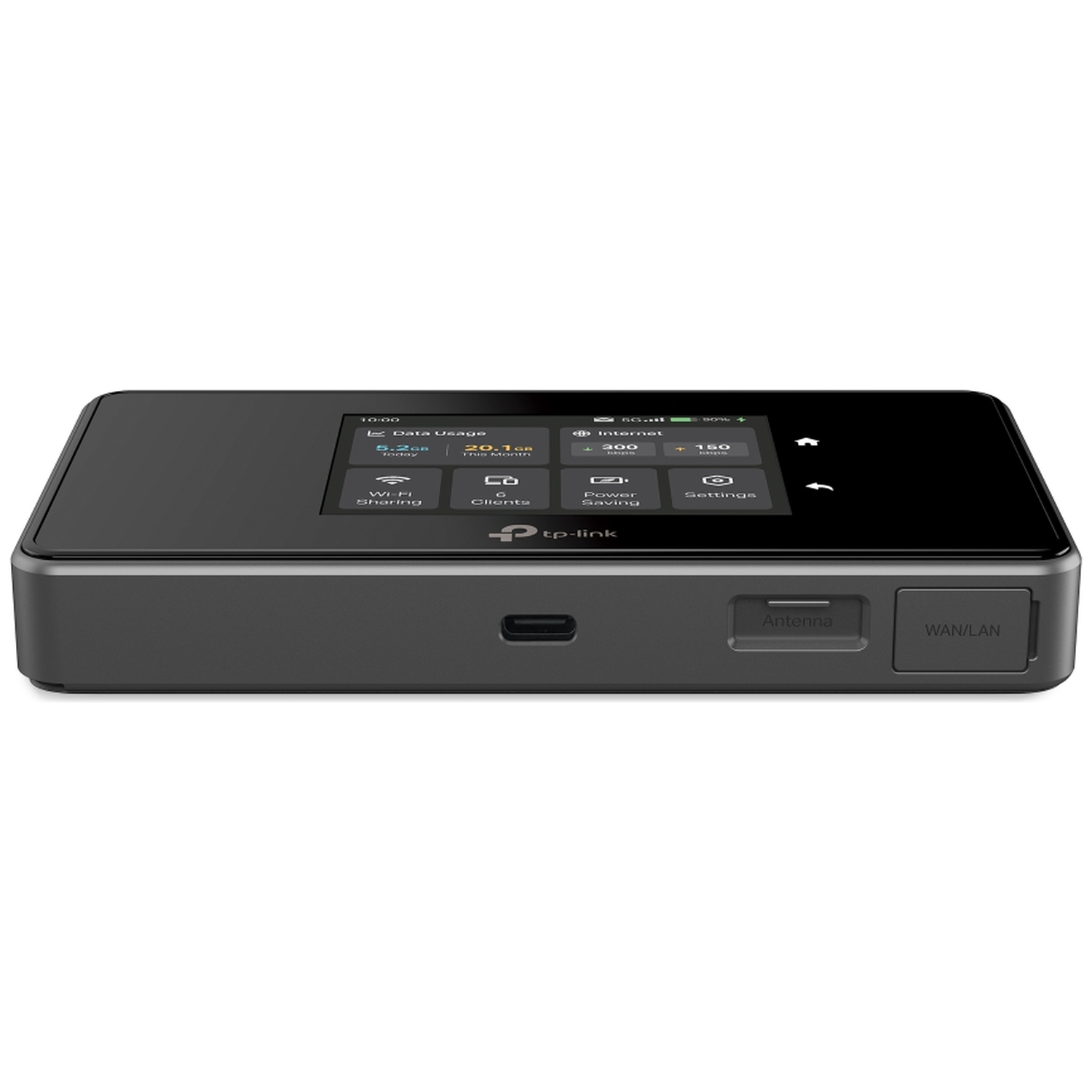 A black TP-Link mobile WiFi router with a touchscreen display.