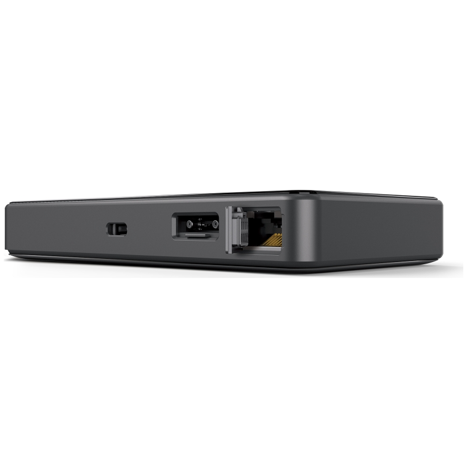 Gray electronic device with ports on the side.