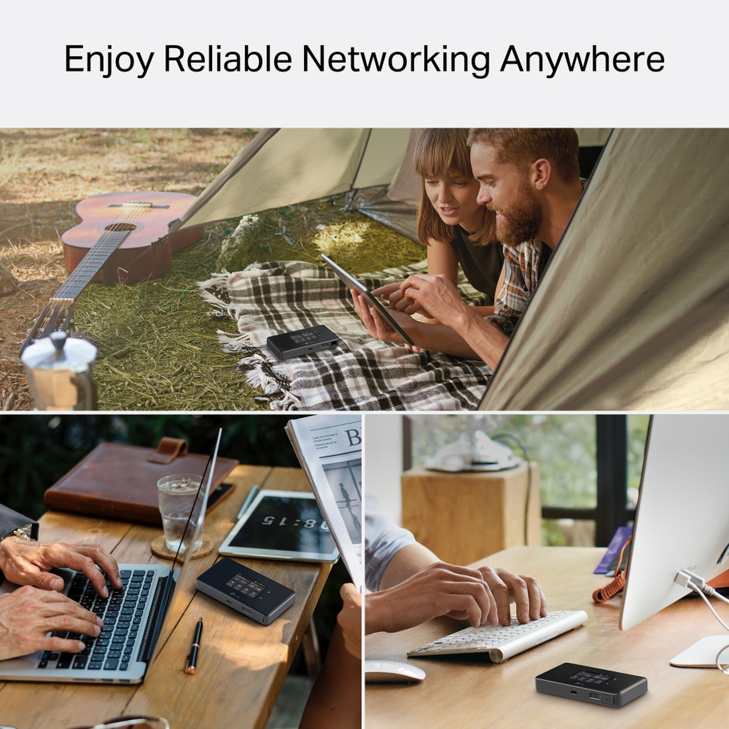 Couple in tent with tablet. Others: person typing on laptop, person typing on keyboard.