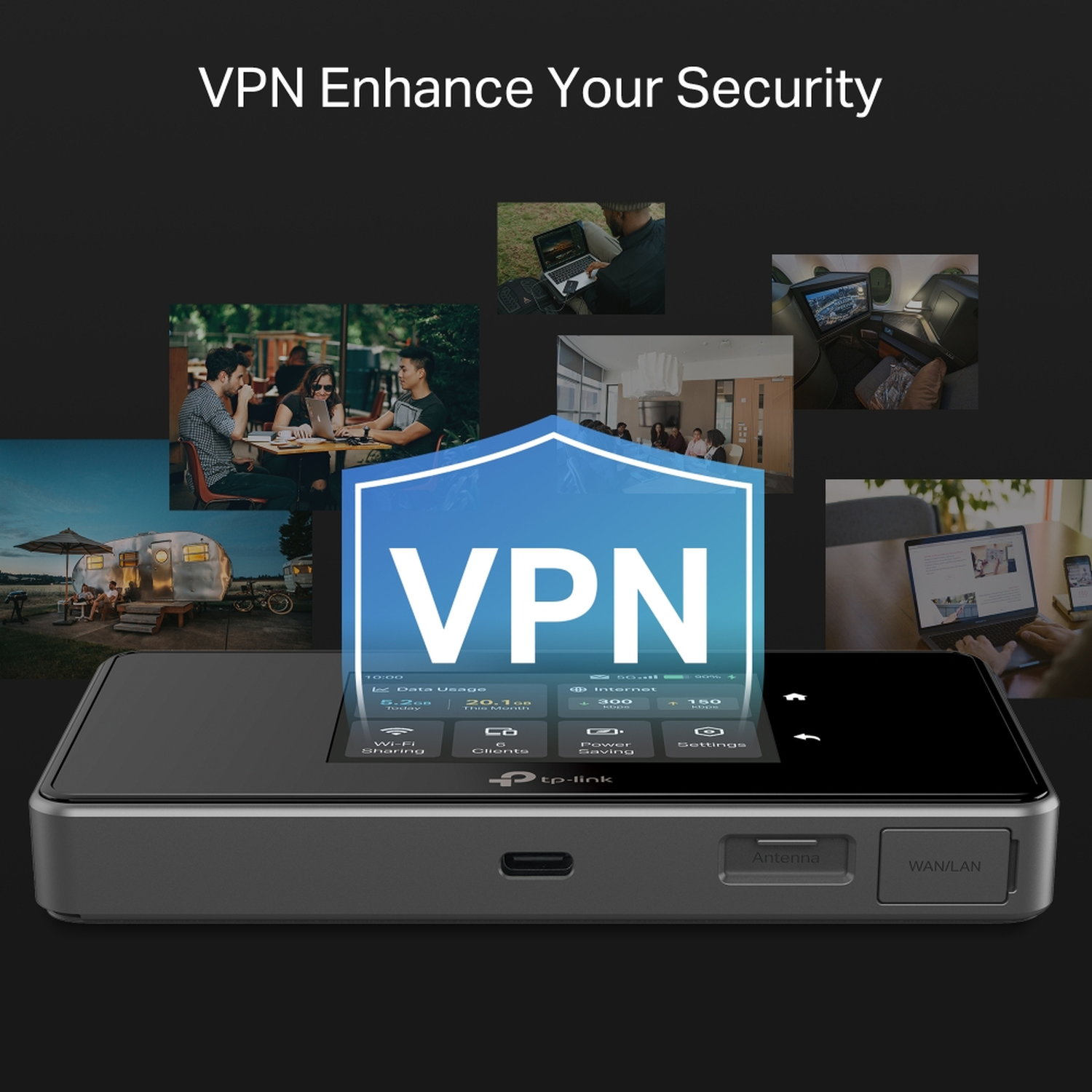 A router displaying VPN info, with scenes of people using devices.