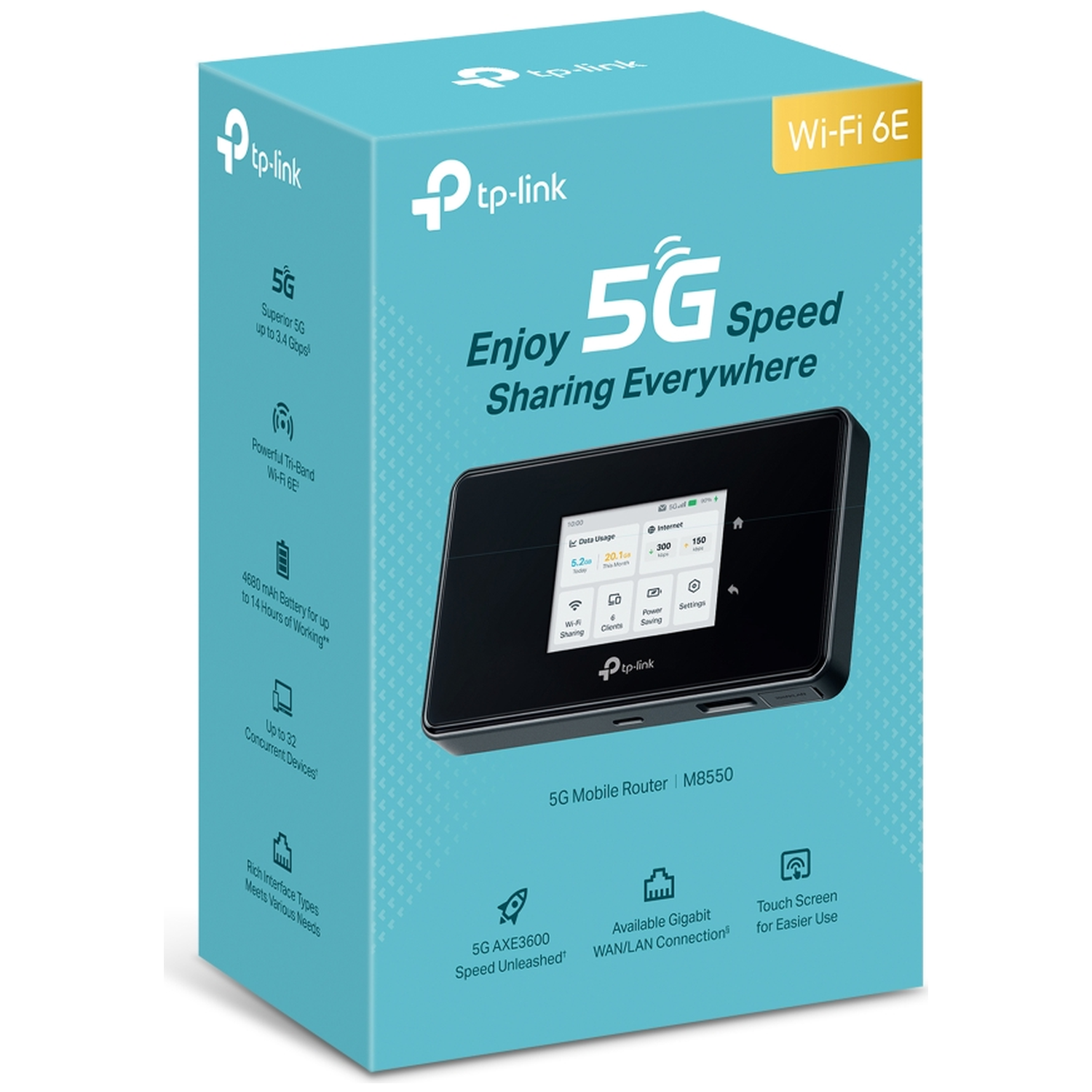 TP-Link 5G Mobile Router M8550 packaging with Wi-Fi 6E.
