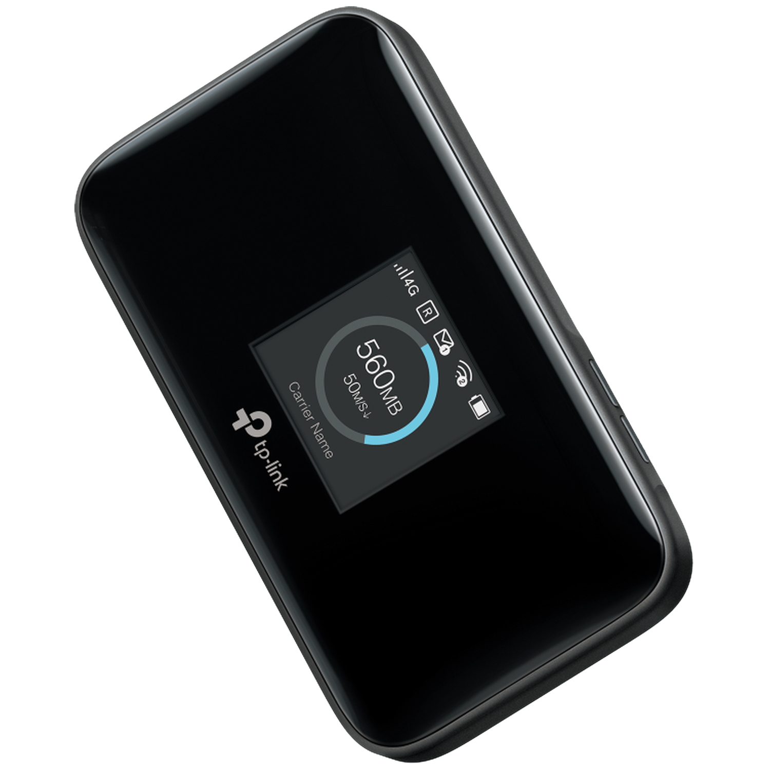 Black mobile WiFi hotspot with screen showing 560MB and 50MB/s