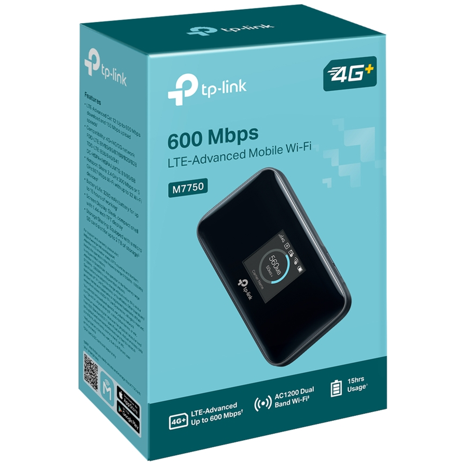 TP-Link M7750 600 Mbps LTE-Advanced Mobile Wi-Fi router packaging with product image.