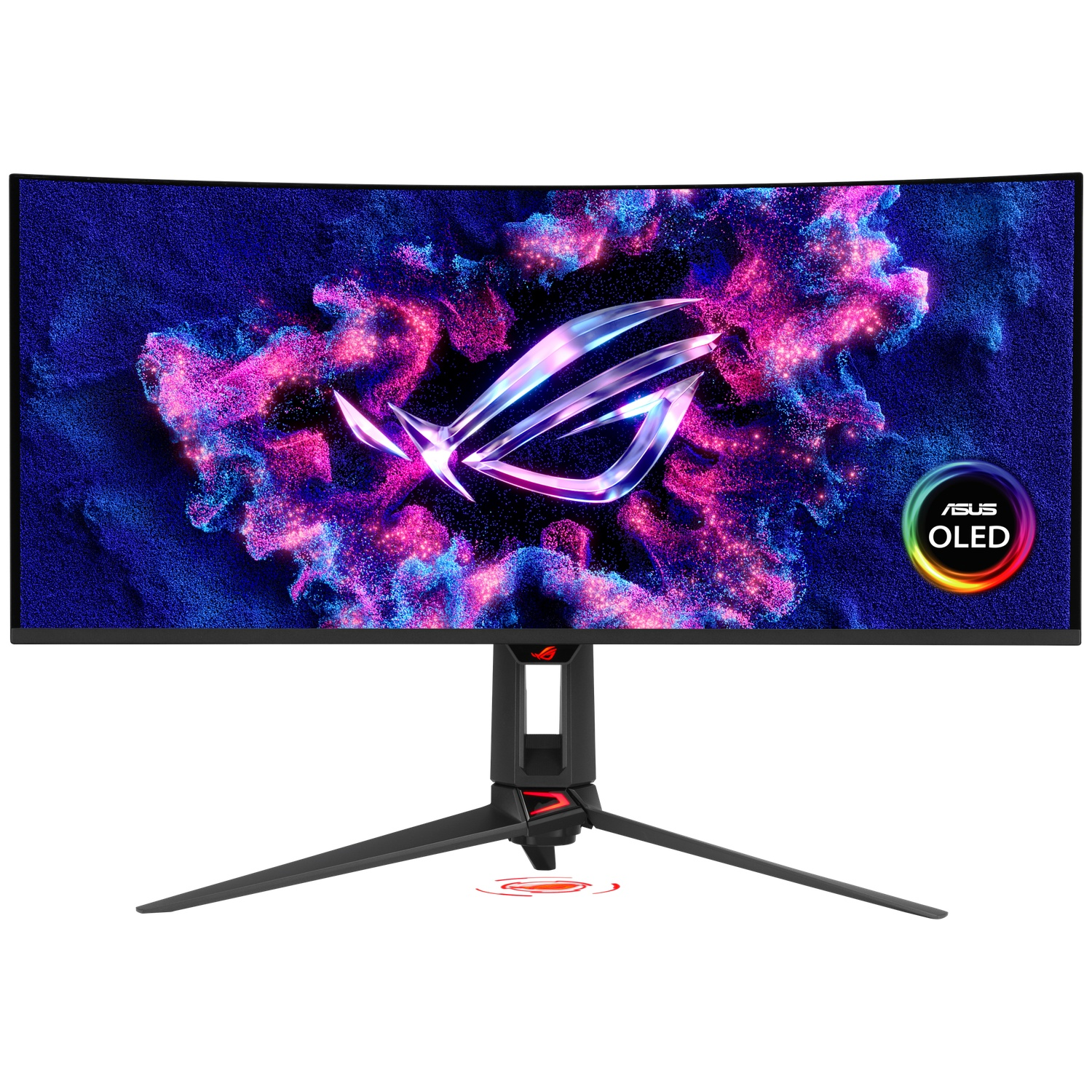 A curved gaming monitor displays a futuristic logo against a colorful, smoky background.