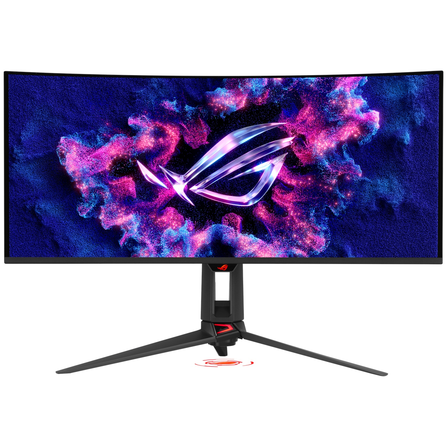 A curved gaming monitor displaying the ROG logo amidst blue and pink particles.