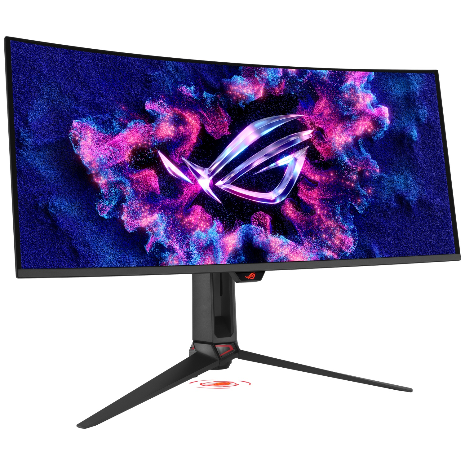 A curved monitor displays a ROG logo against a purple and blue particle effect.