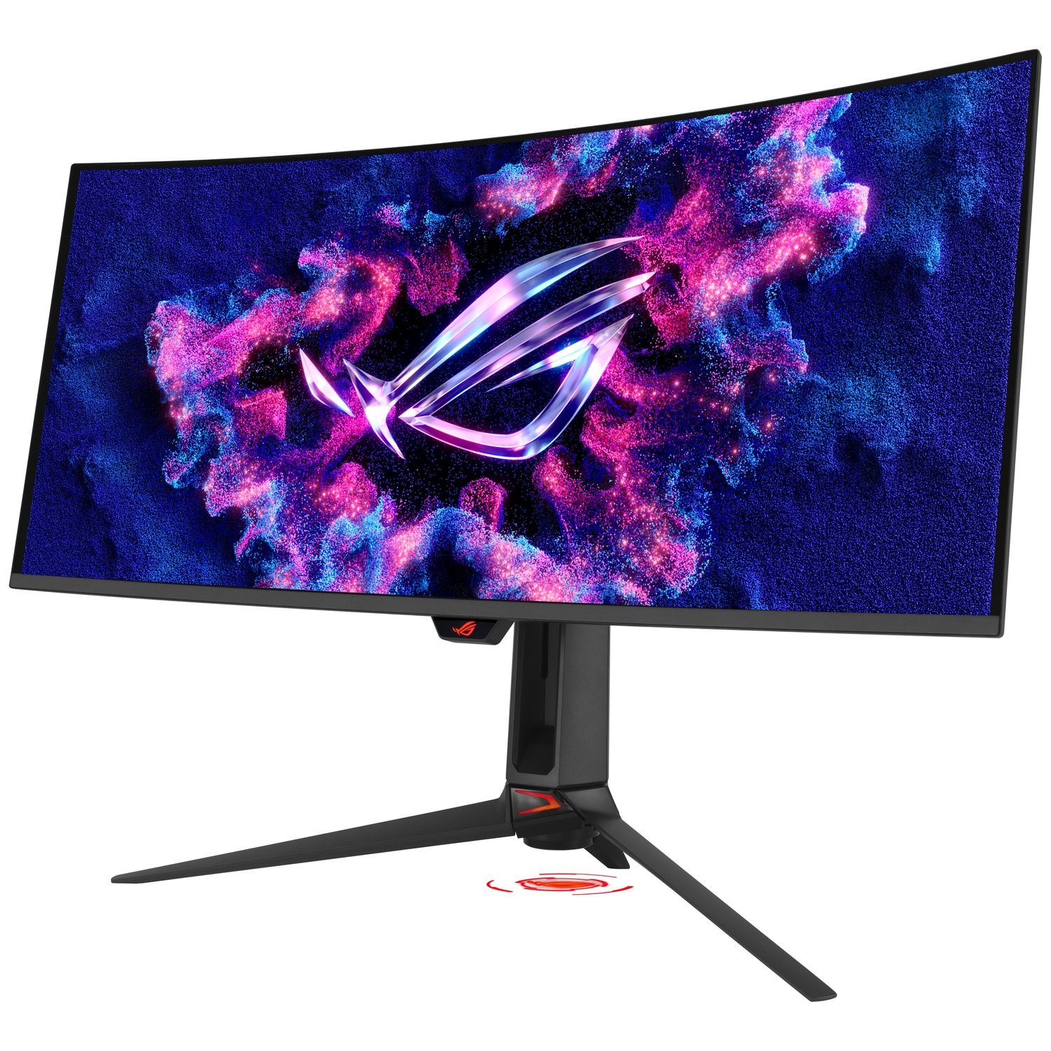A curved gaming monitor featuring the ROG logo against a cosmic background.