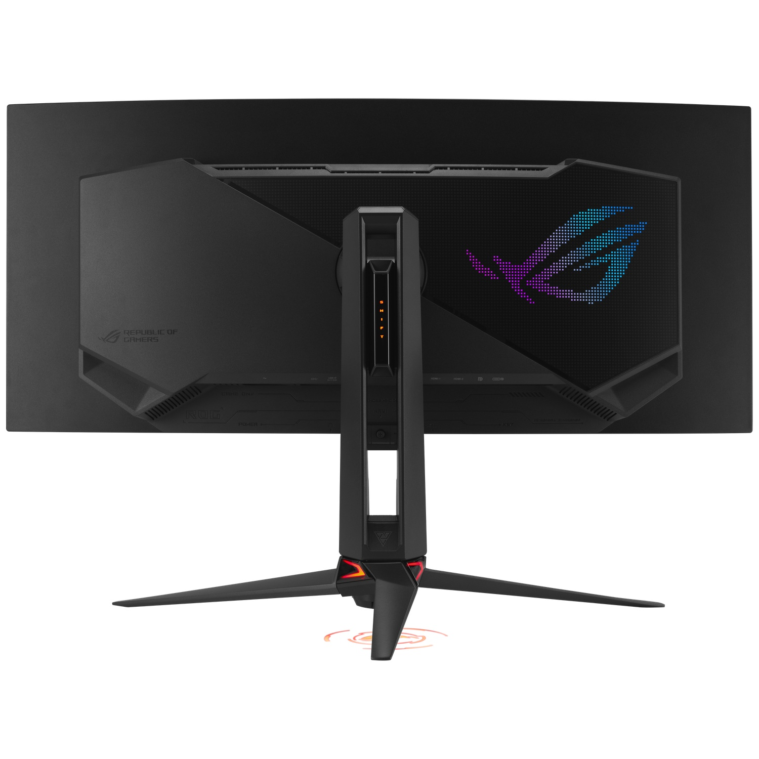 Back of a black monitor with ROG logo and stand.