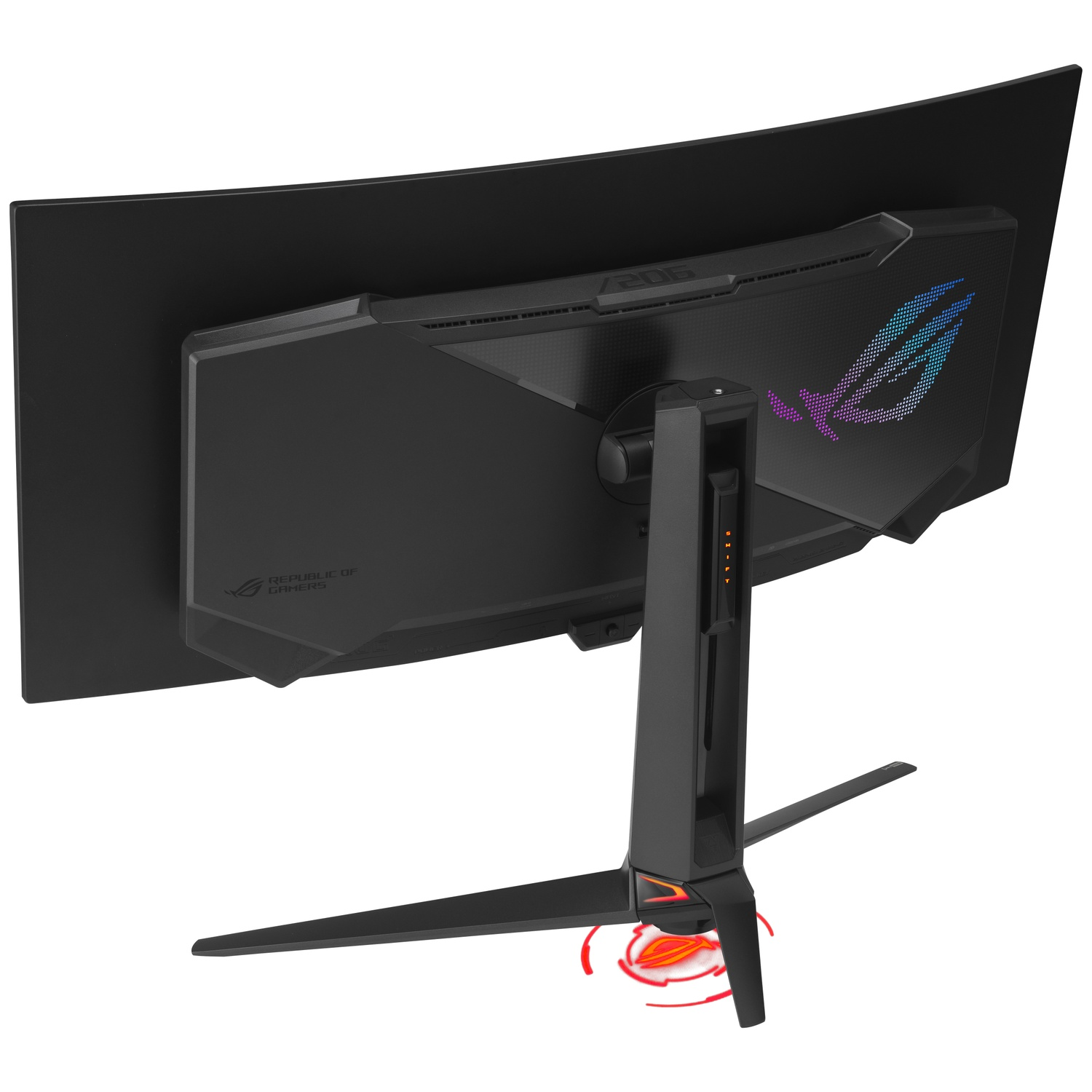 Back view of a black curved gaming monitor with ROG logo and stand.