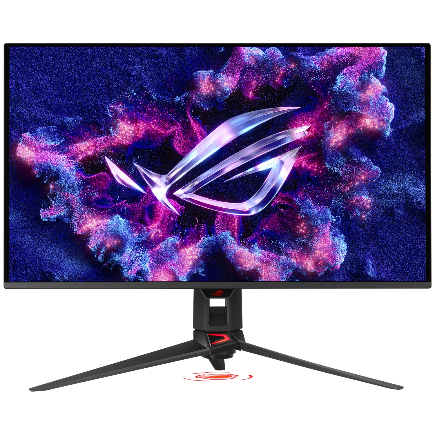 A gaming monitor displaying the ROG logo amidst swirling purple and blue particles.