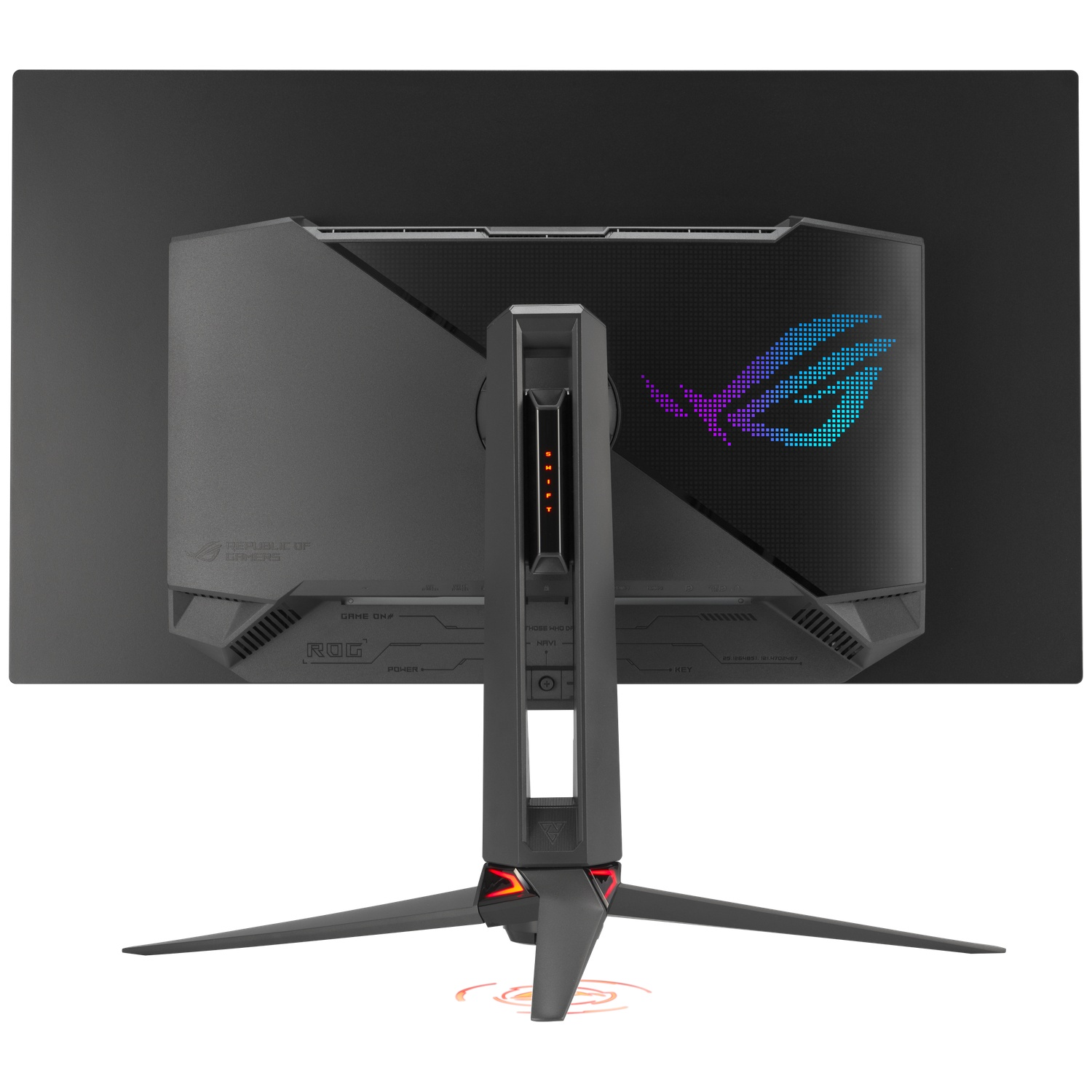 Back of a black monitor with ROG logo and stand.