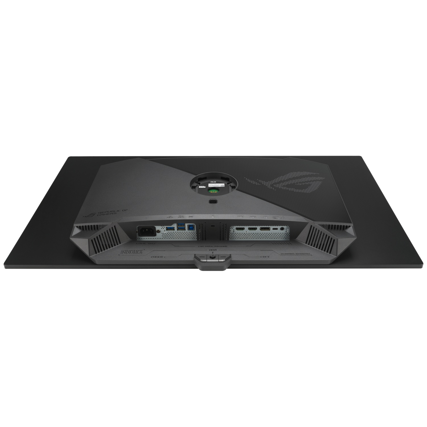 Back of a black monitor showing ports and ventilation grills.