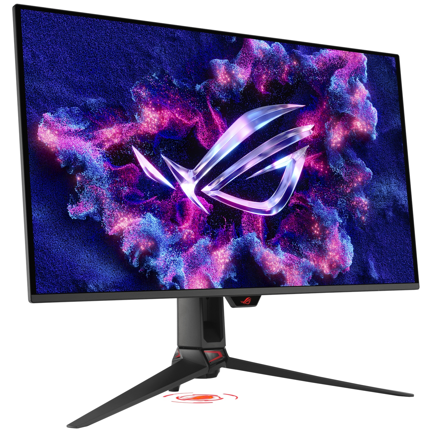 A modern gaming monitor displays a stylized logo against a backdrop of blue and pink smoke.