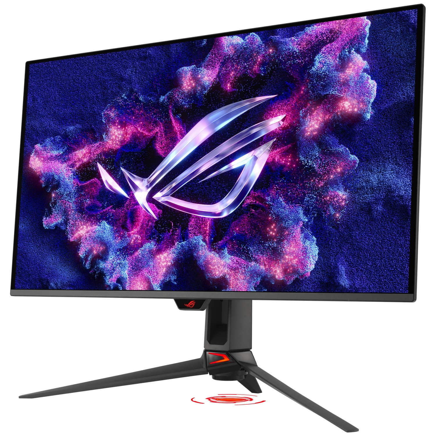 A gaming monitor displays the ROG logo against a vibrant purple and blue particle background.