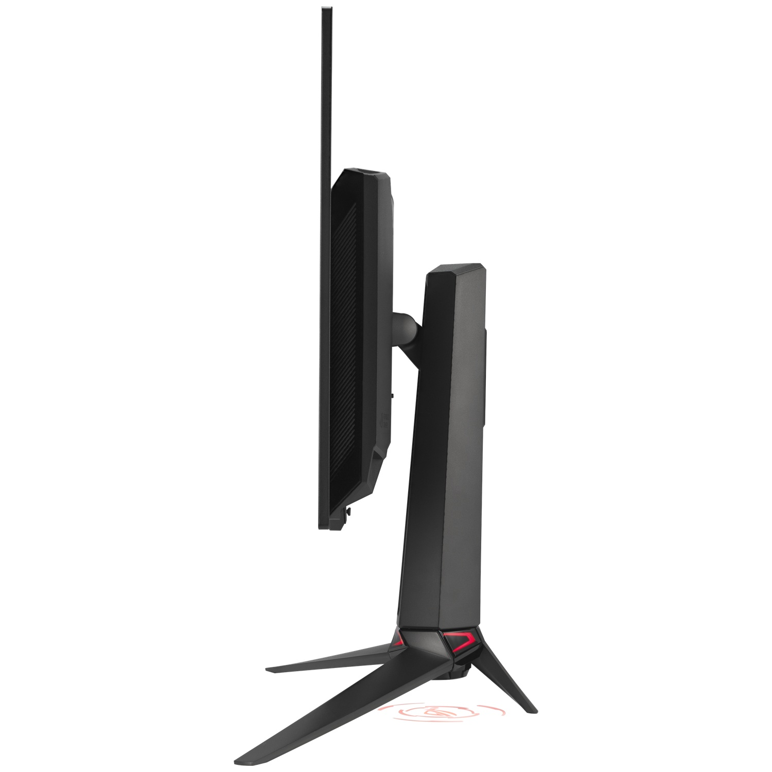 A black gaming monitor with a tripod stand, seen from the side.