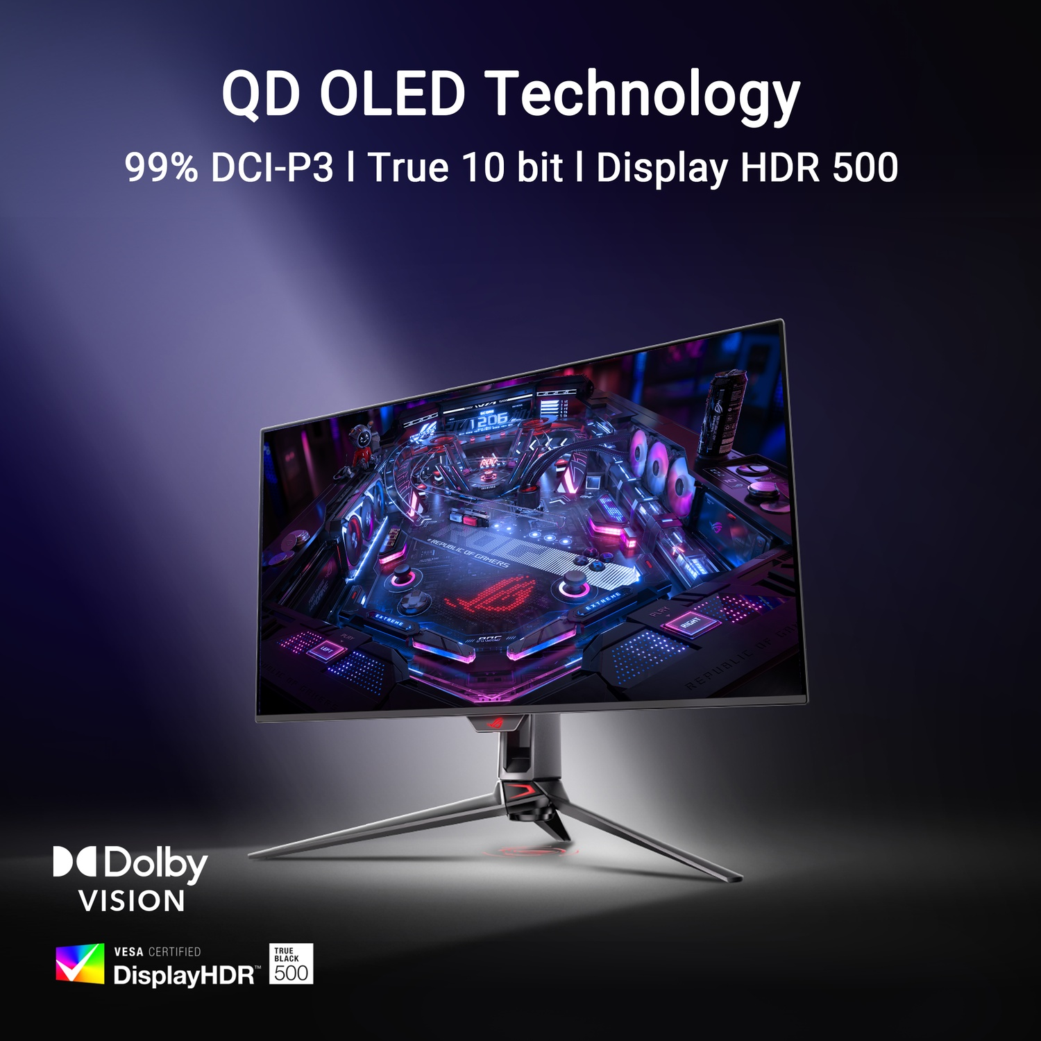 A futuristic monitor featuring QD OLED technology, HDR 500, and Dolby Vision.