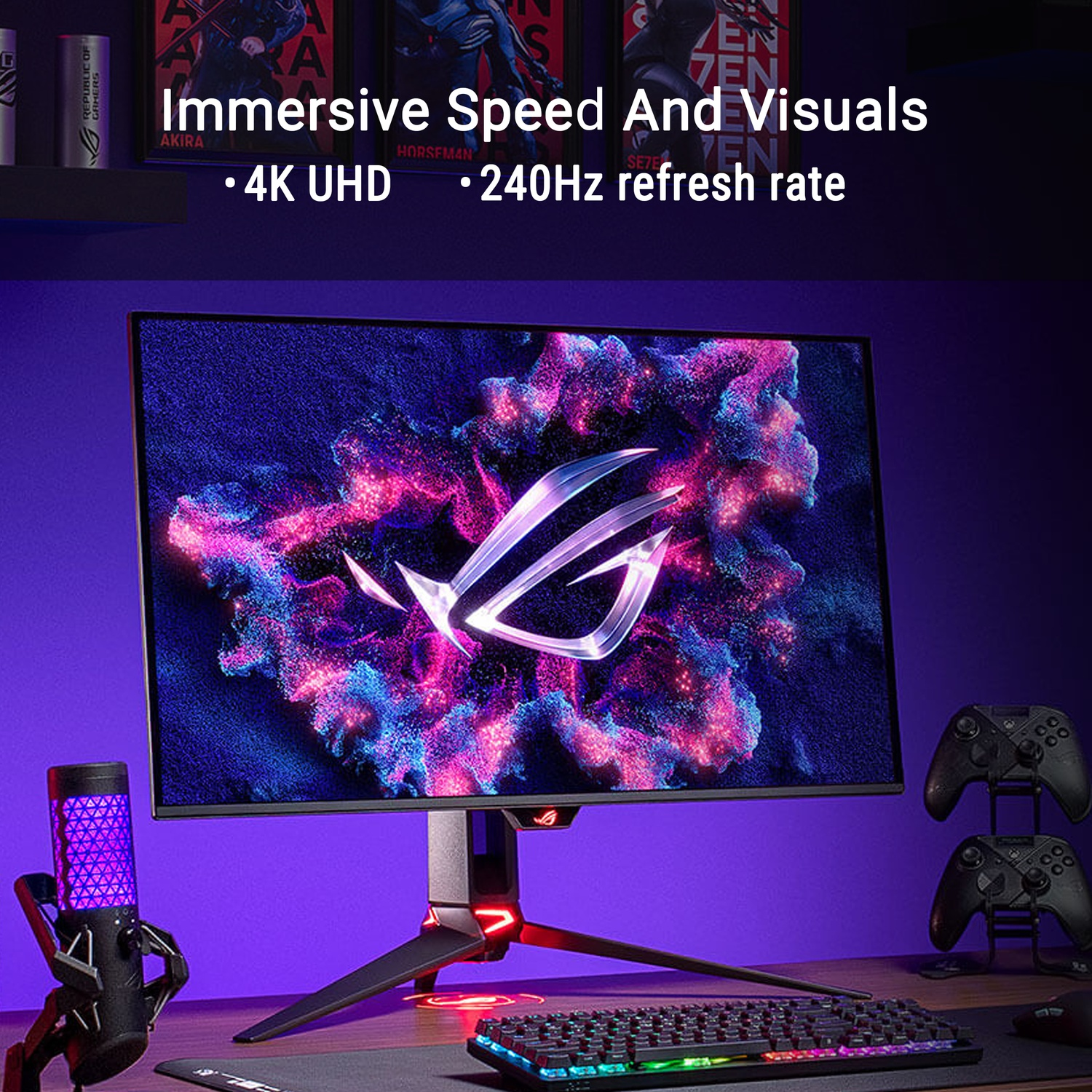 Gaming setup with a monitor displaying vibrant graphics, keyboard, microphone, and controllers.