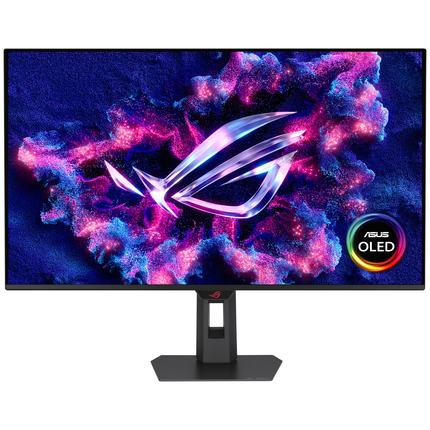 Monitor featuring ROG logo and colorful background. ASUS OLED logo on right.
