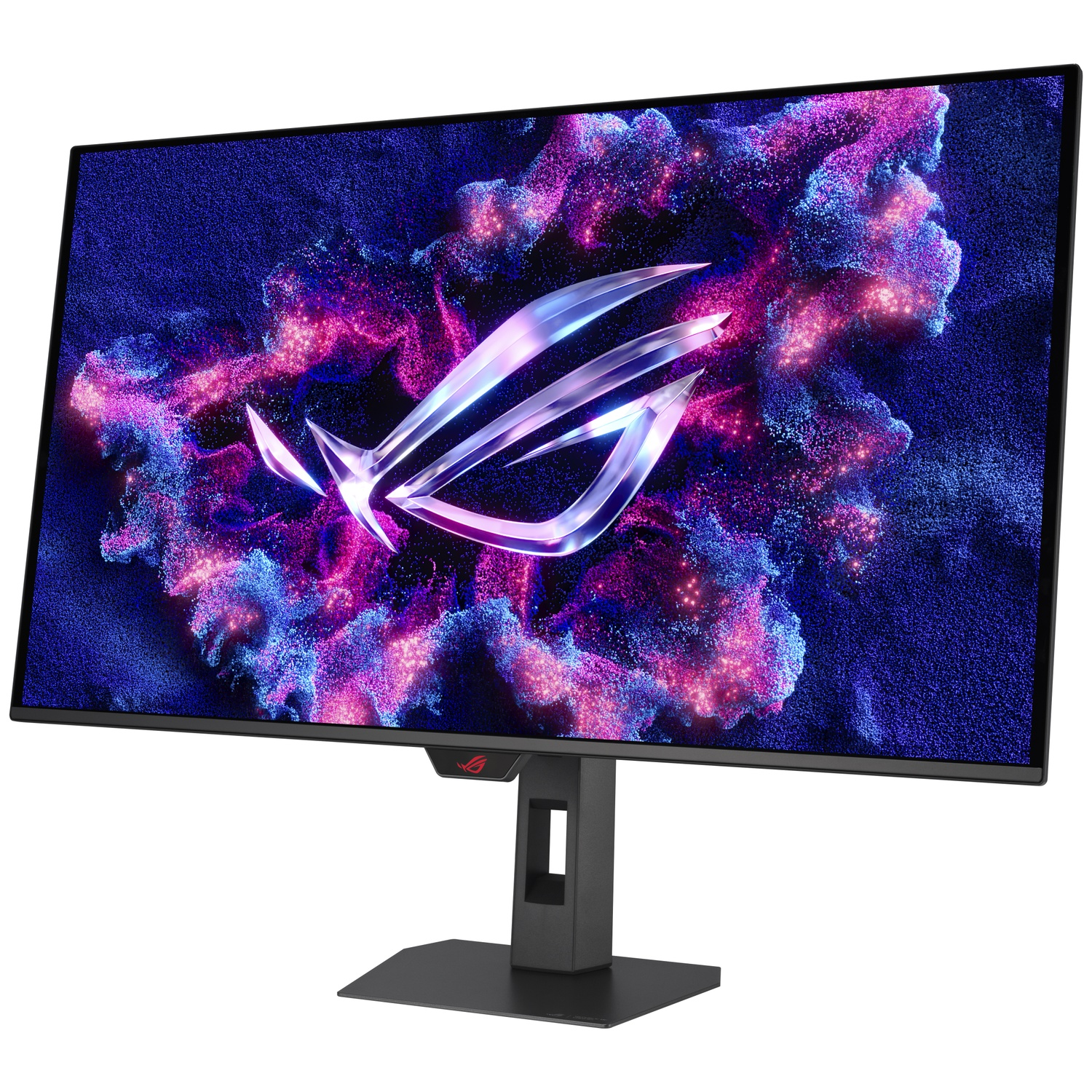 A gaming monitor displays a ROG logo against a purple and blue cosmic background.