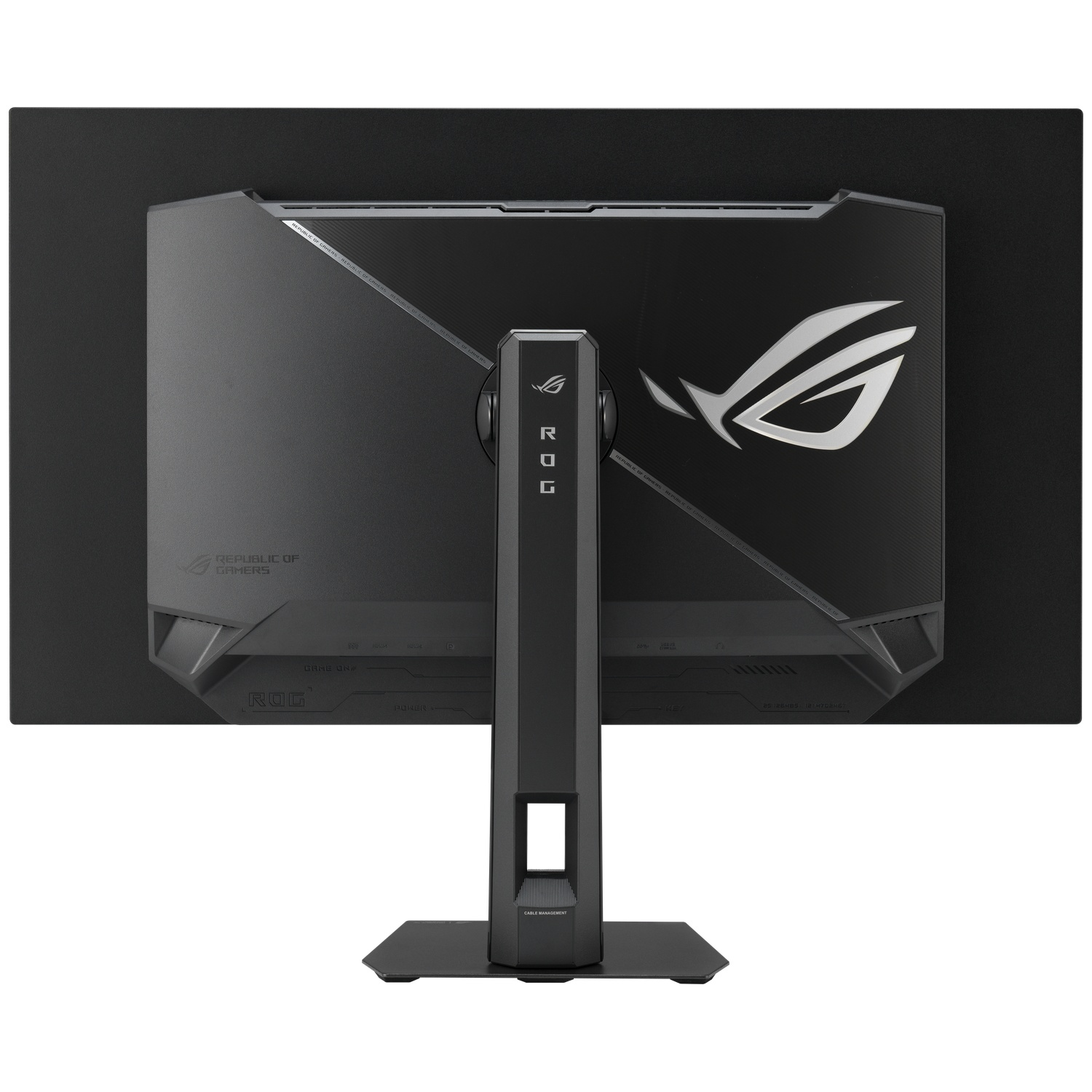 Back view of a black monitor with ROG logo and 'Republic of Gamers' text.