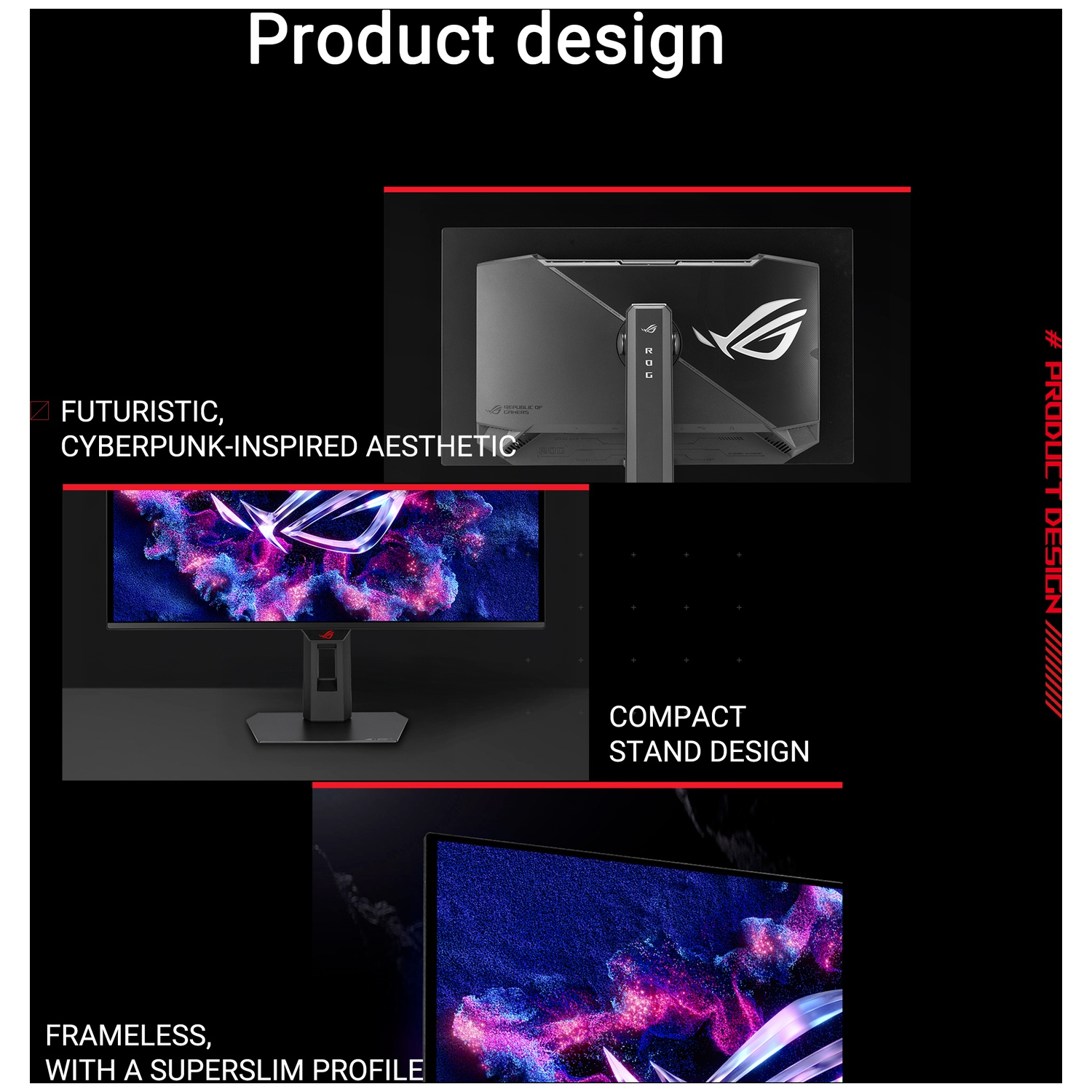 A monitor with a futuristic design, featuring the ROG logo and a compact stand.