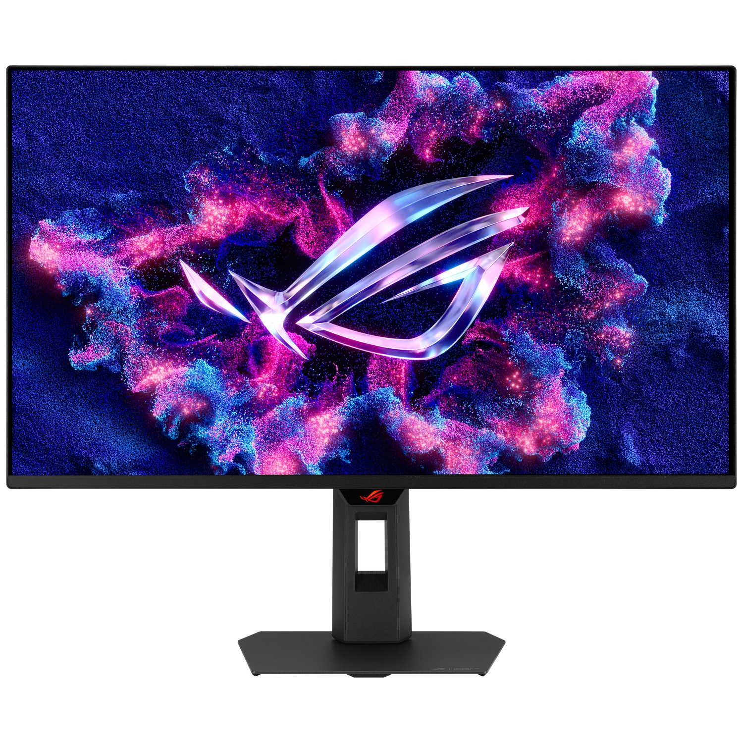 Een gamingmonitor toont een ROG-logo tegen een abstracte achtergrond van blauwe en roze deeltjes.