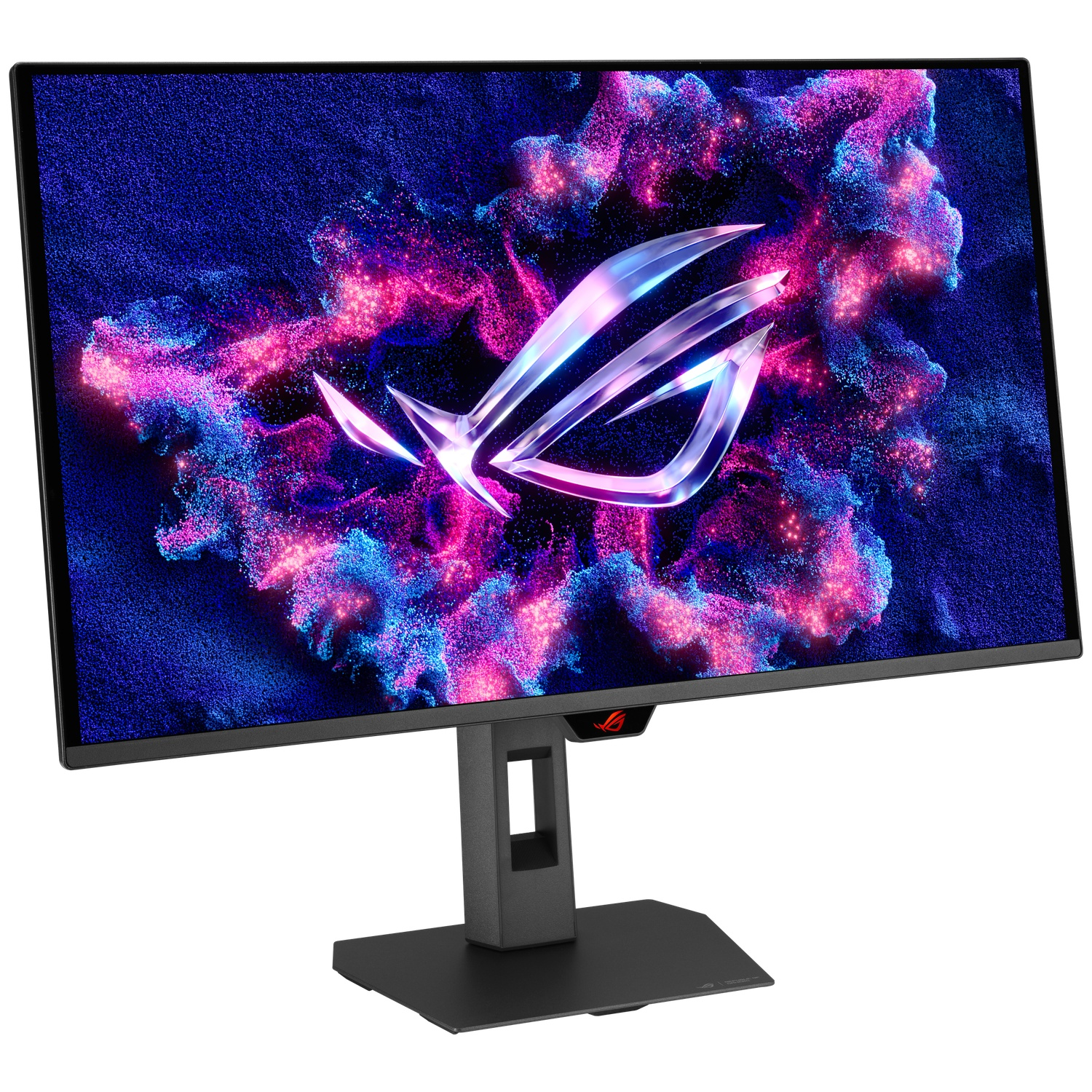 Een gaming monitor toont het ROG logo tegen een achtergrond van blauwe en roze deeltjes.