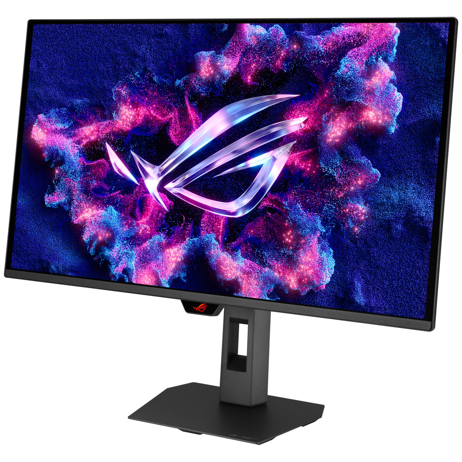Een gaming monitor met ROG-logo op een abstracte blauw-roze achtergrond.