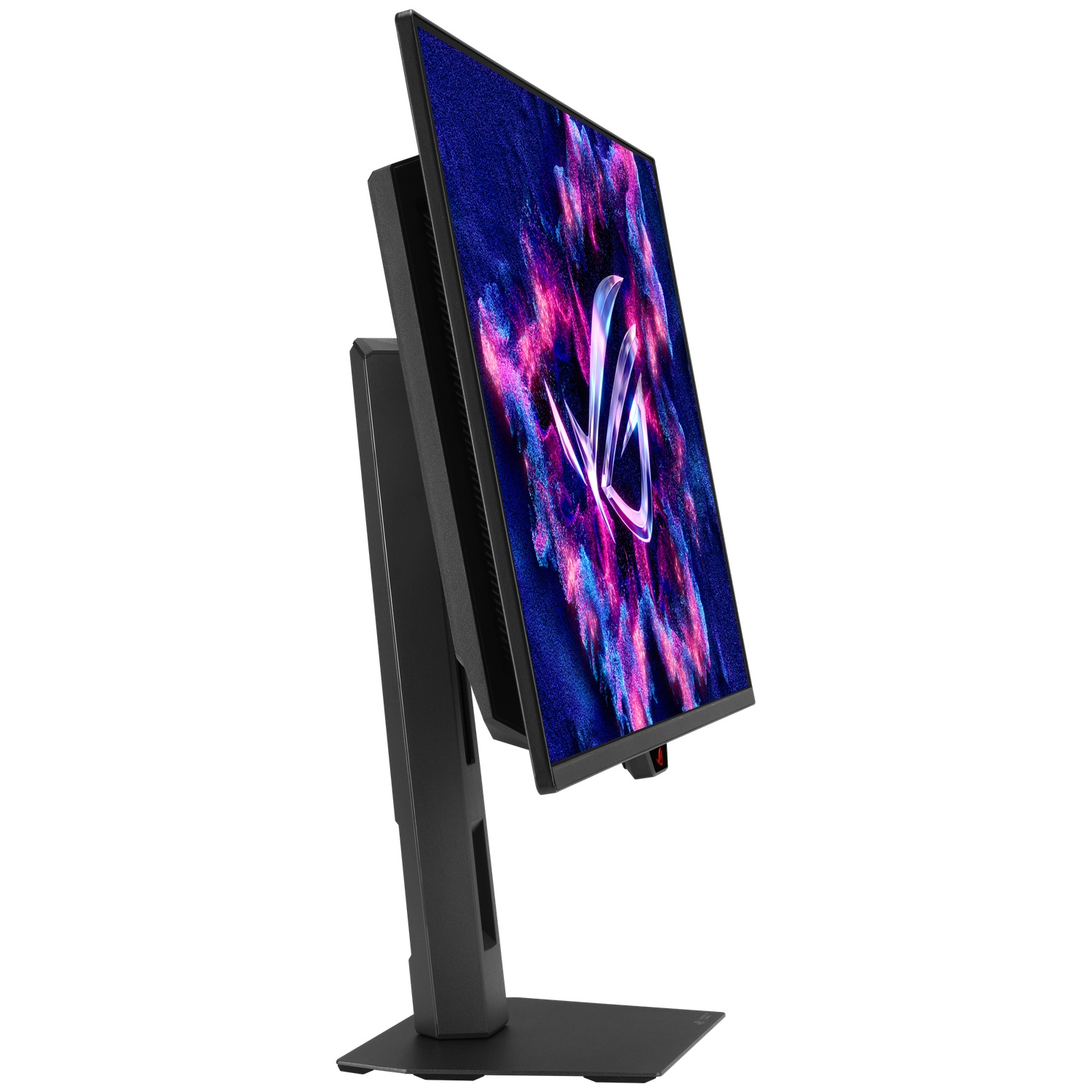 Een zwarte monitor met ROG-logo en paars-blauw scherm op een standaard.