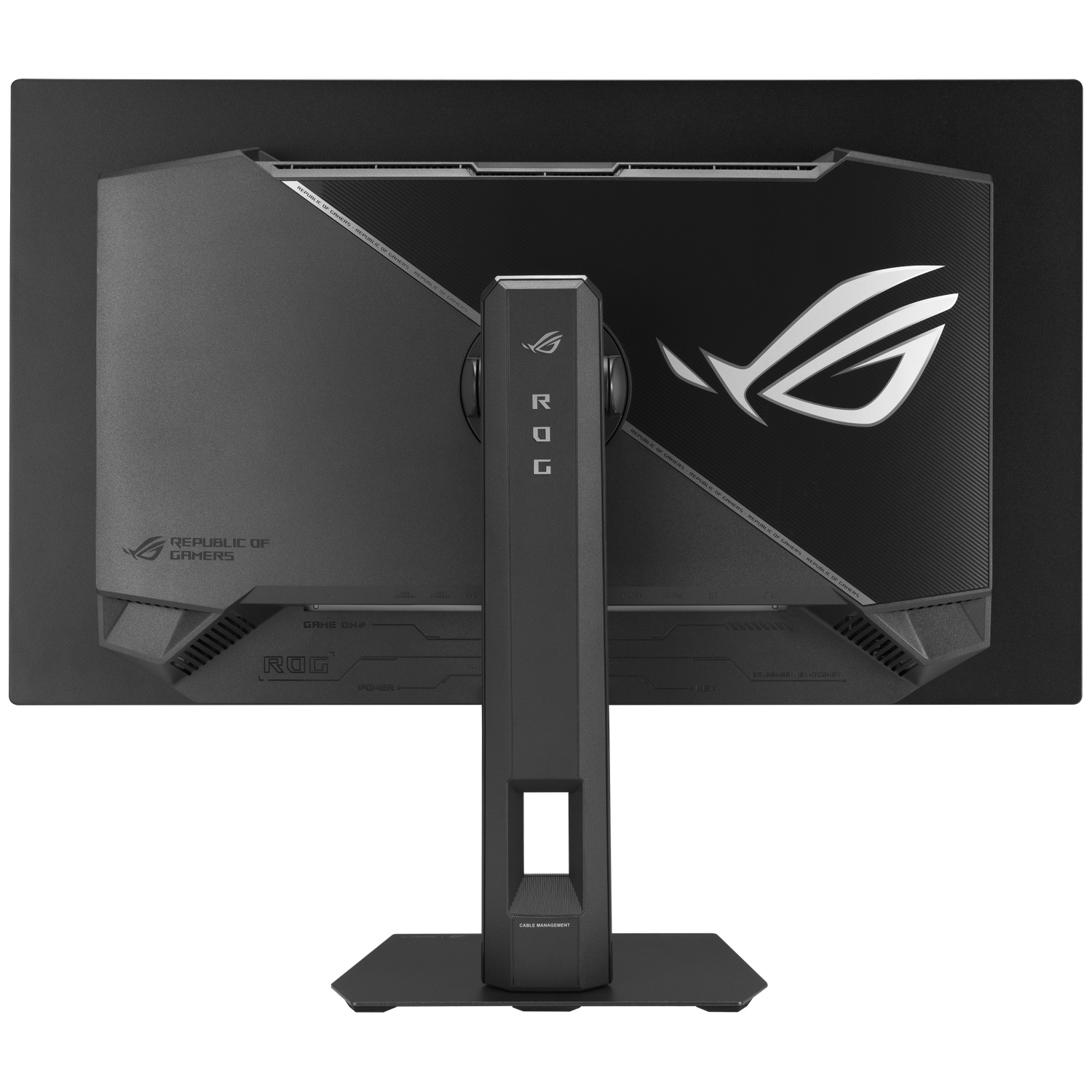 Achterkant van een zwarte gaming monitor met ROG-logo en 'Republic of Gamers'-tekst.
