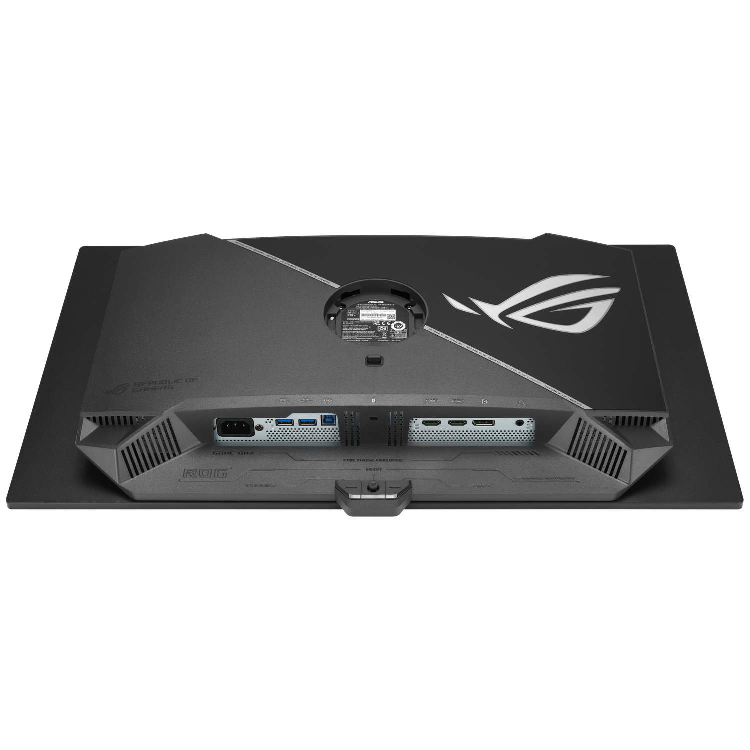 Achterkant van een zwarte monitor met poorten en ROG-logo.