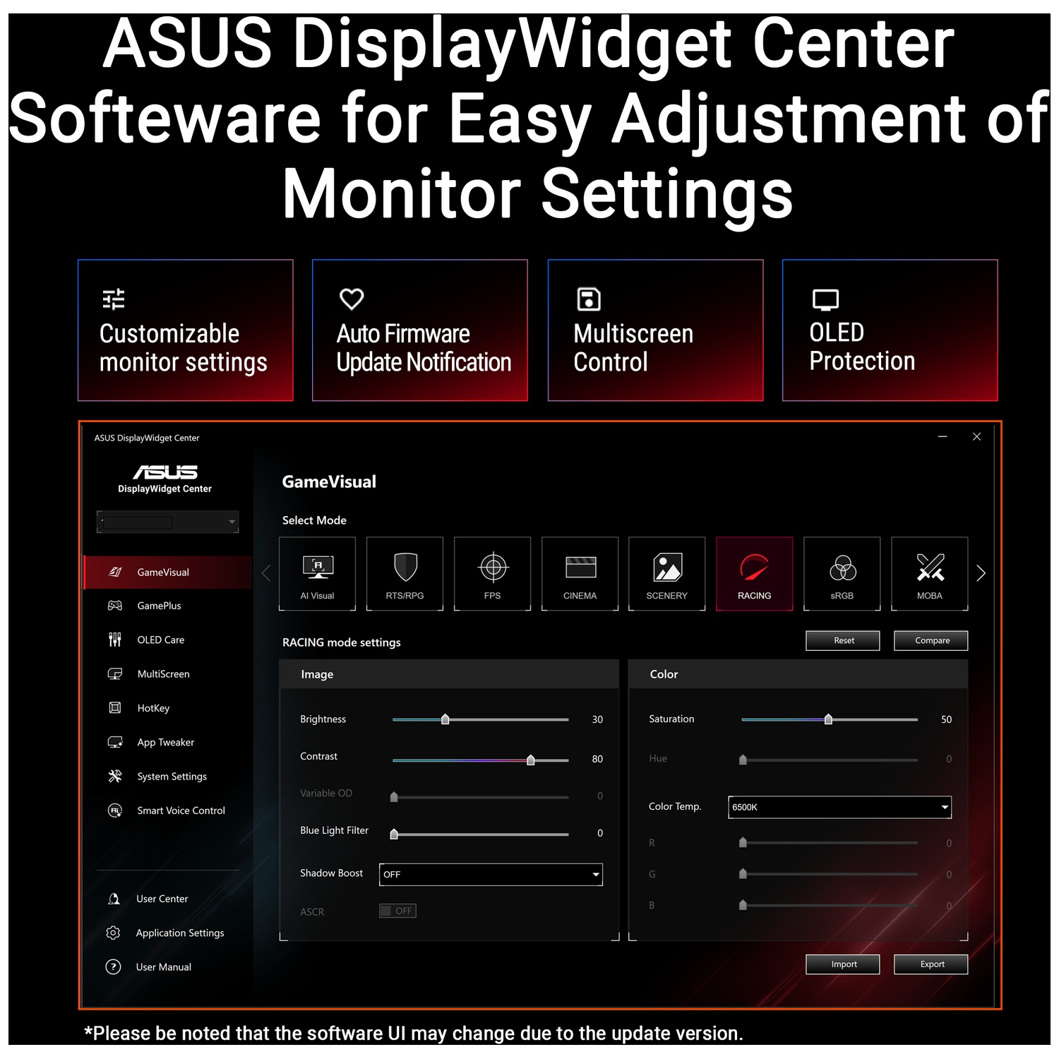 ASUS DisplayWidget Center Software: Beeldinstellingen voor RACING-modus, met schuifregelaars voor helderheid, contrast, verzadiging, tint.