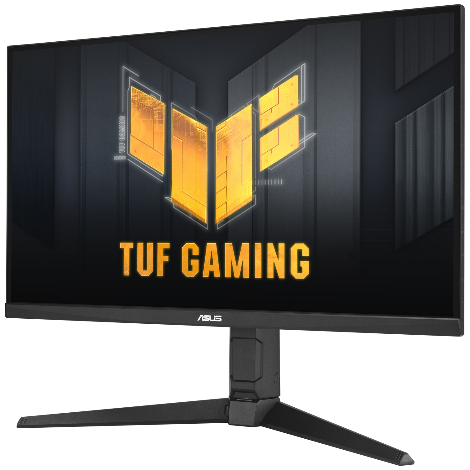 A black monitor displays the yellow and black TUF GAMING logo.