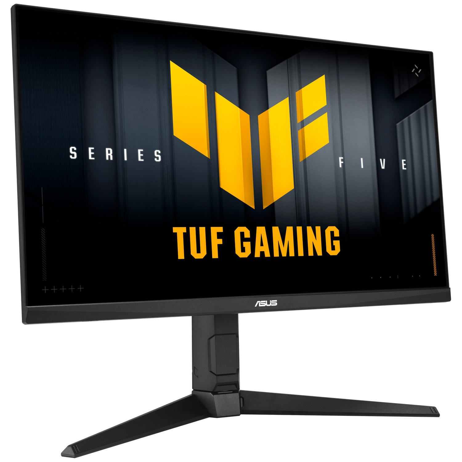 A black gaming monitor displaying the yellow TUF GAMING logo.