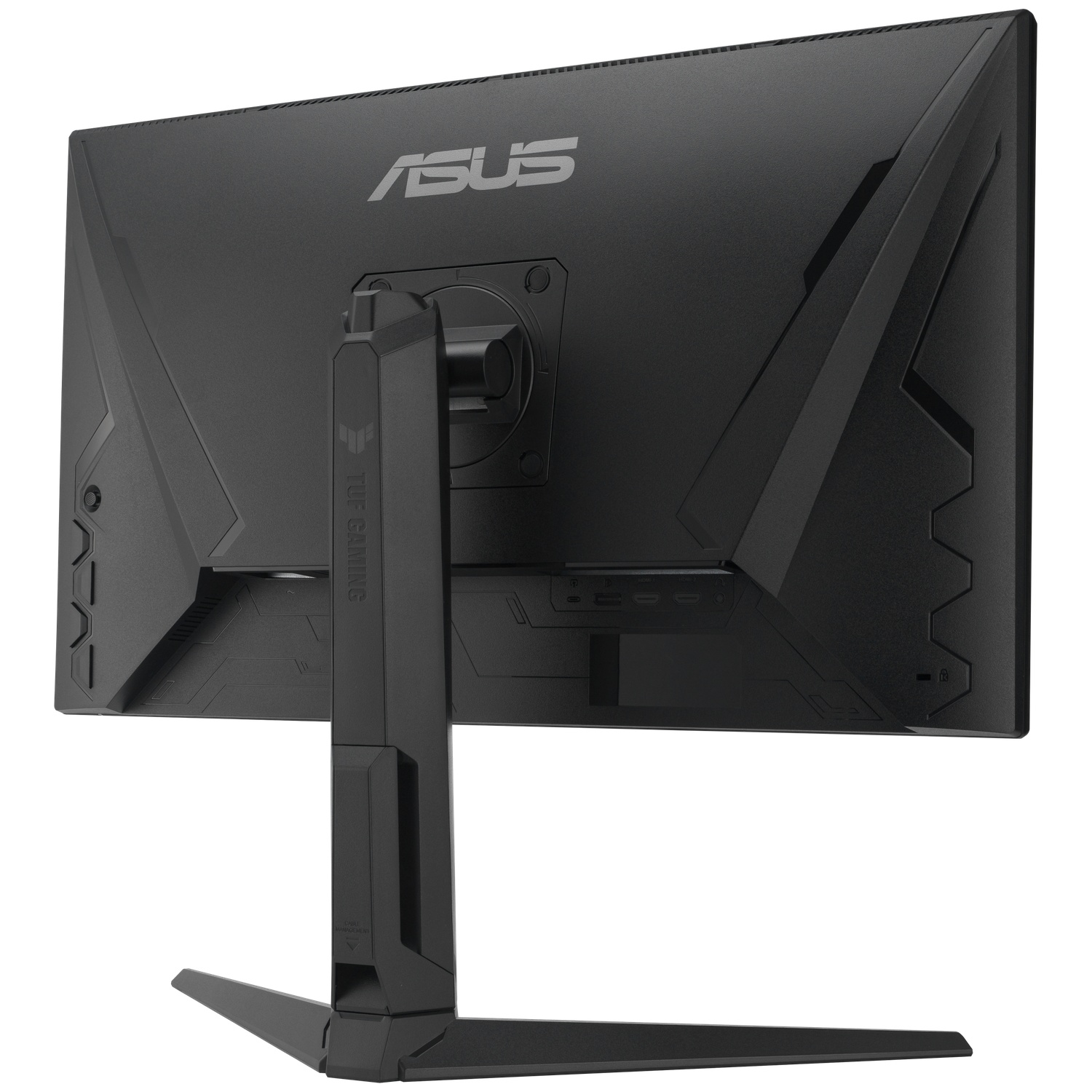 Back view of a black ASUS gaming monitor with stand and ports.