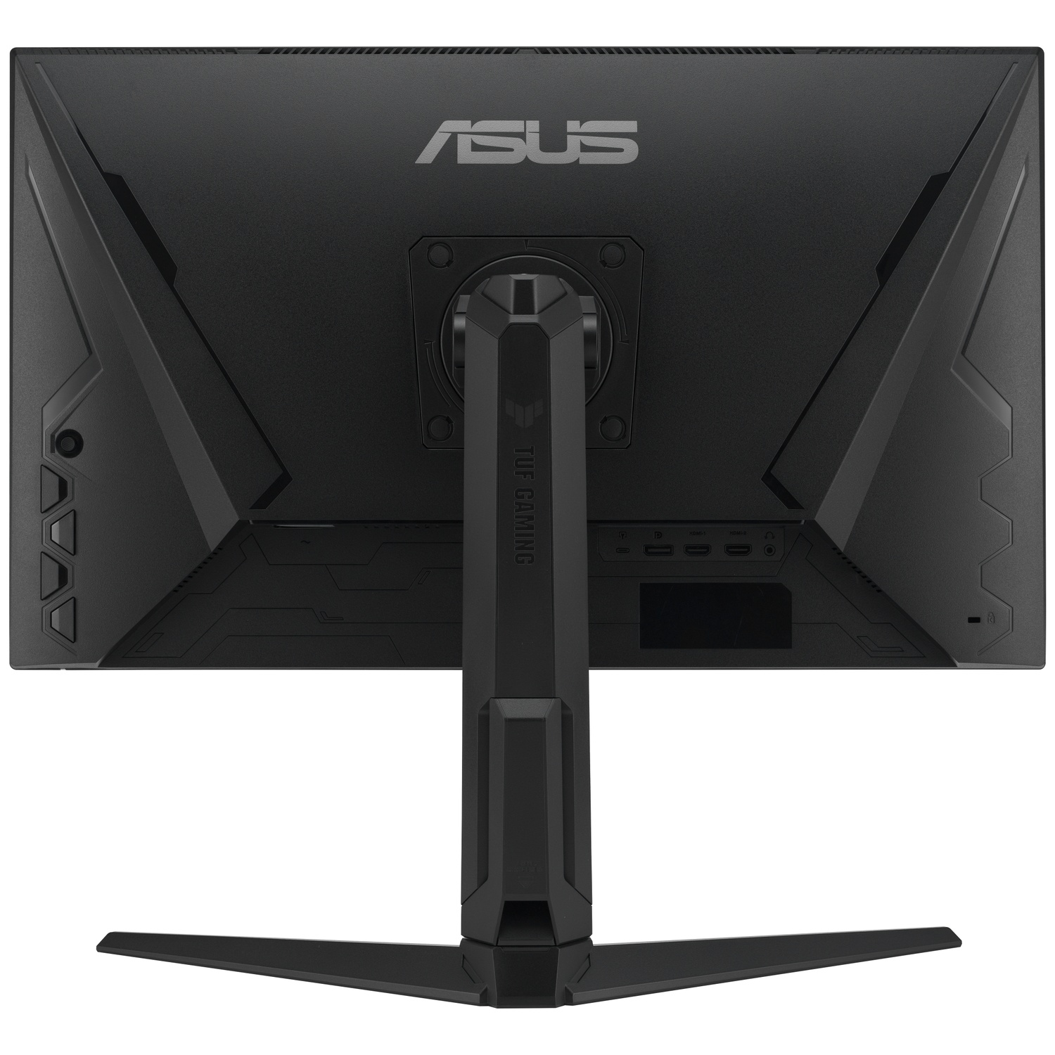 Back view of a black Asus gaming monitor with stand and ports.