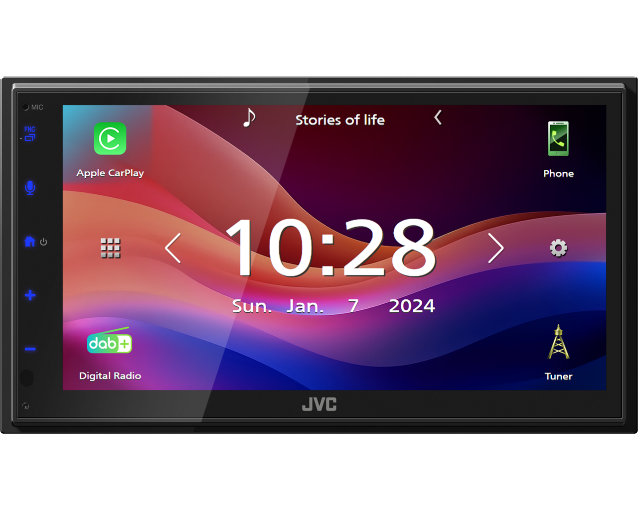 Autoradio-Bildschirm zeigt 10:28, 7. Jan. 2024. Apps: CarPlay, Telefon, Tuner.