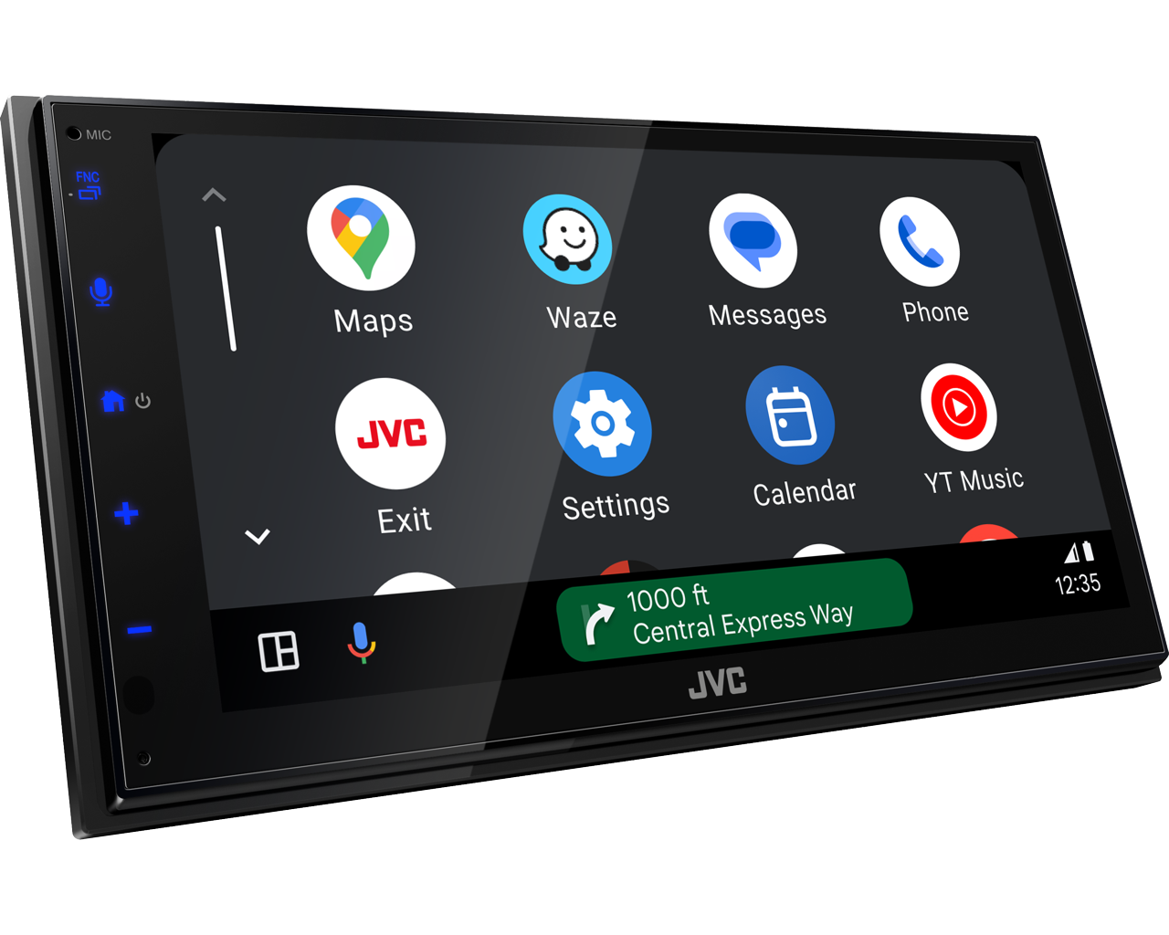 Ein JVC-Autoradio-Bildschirm zeigt App-Symbole wie Maps, Waze und Telefon.