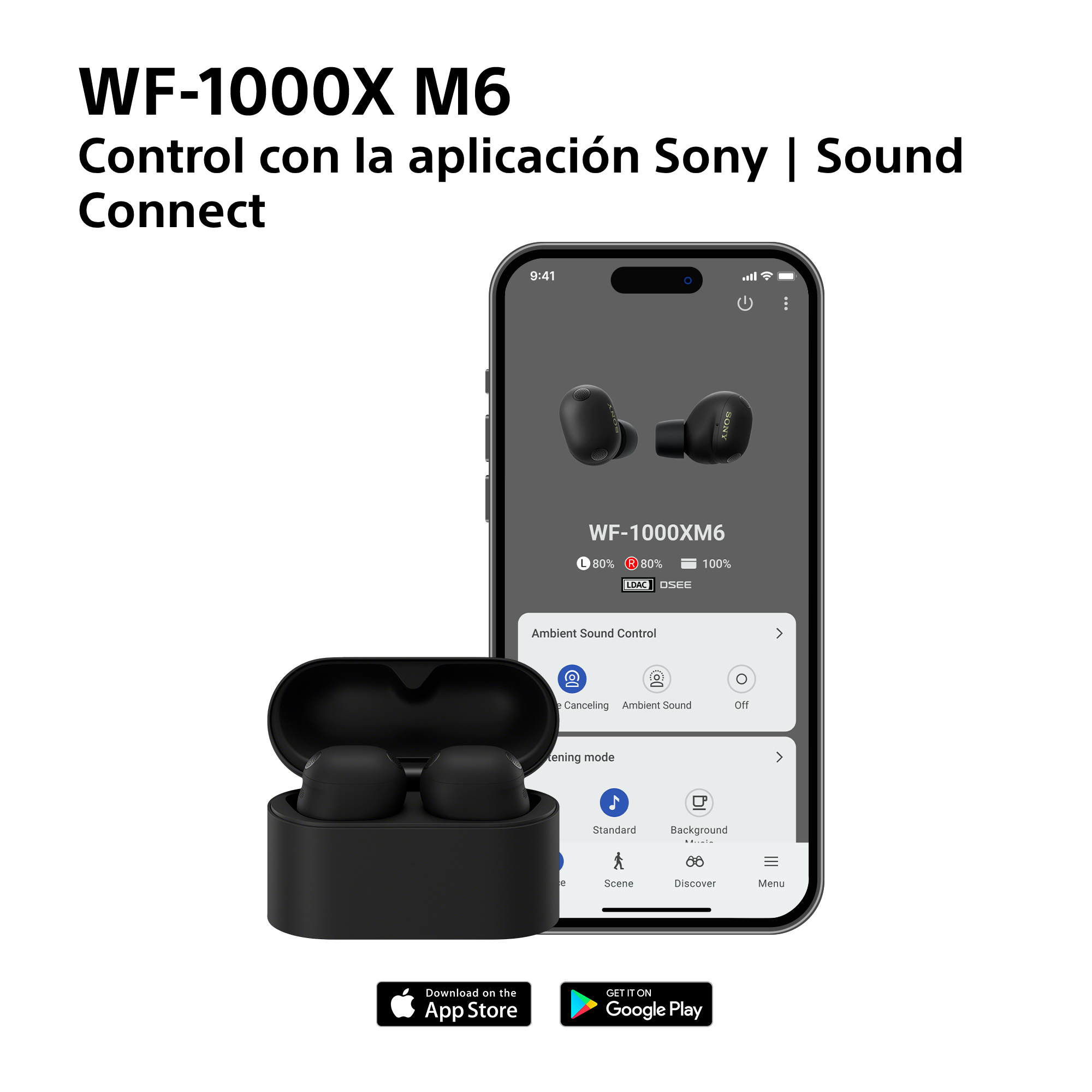 Auriculares Sony WF-1000XM6 negros en estuche y en pantalla de móvil con app.