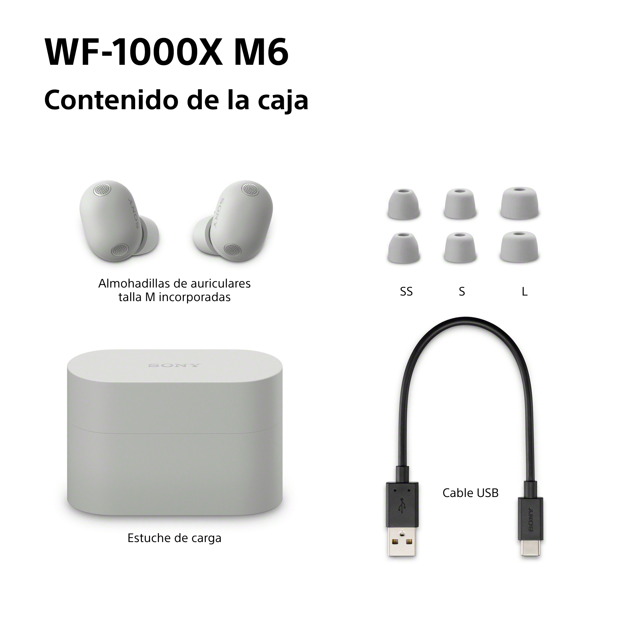 Sony WF-1000XM6: Auriculares, estuche de carga, cable USB y almohadillas.