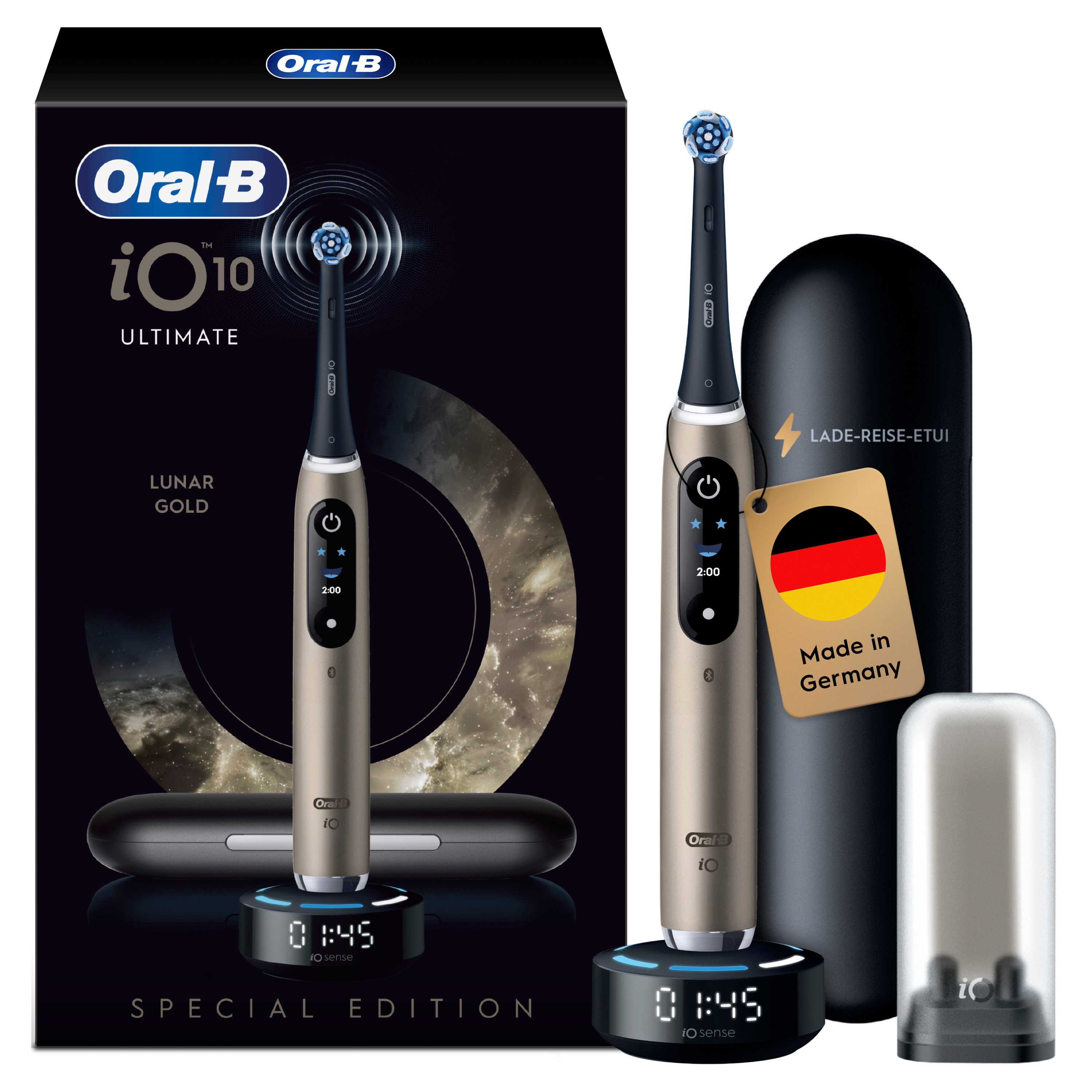 Oral-B iO 10 Ultimate Lunar Gold Zahnbürste mit Ladestation, Reiseetui und Deutschland-Flagge.